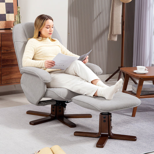 HOMCOM Linen Swivel Recliner Chair With Footstool Ottoman For Living Room Light Grey