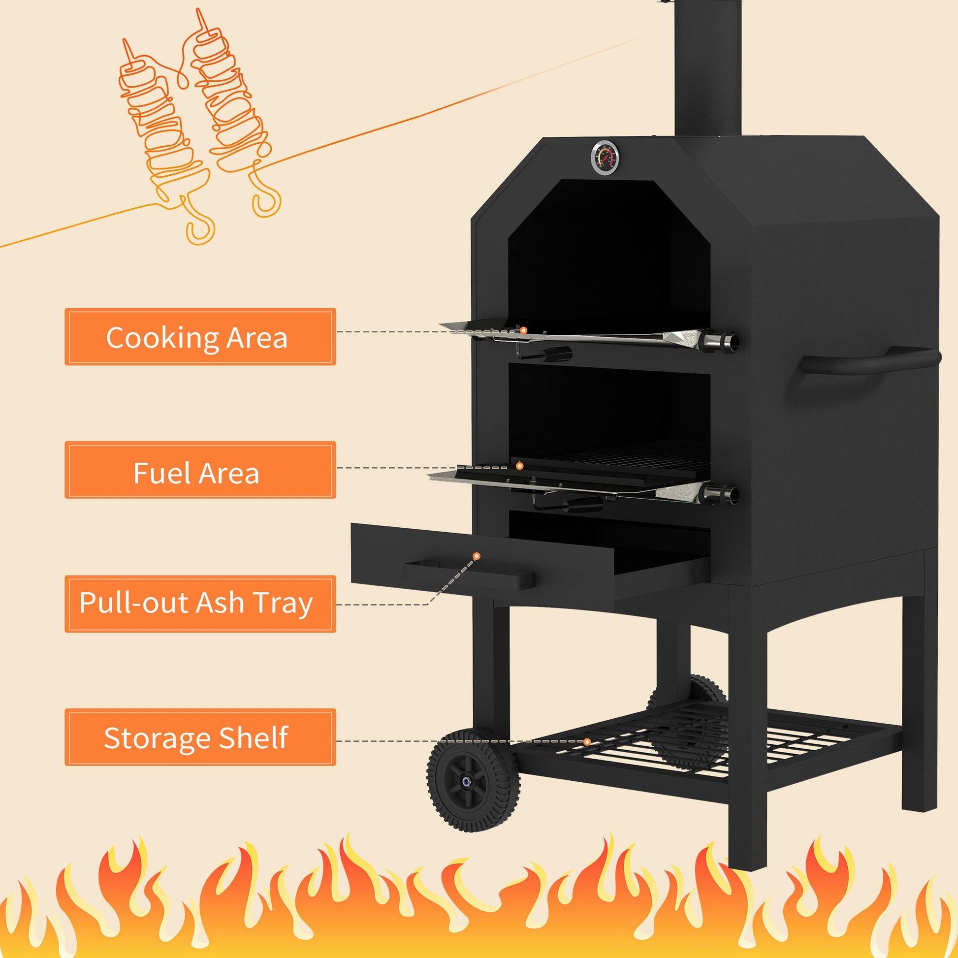 Outsunny Steel 3-Tier Outdoor Pizza Oven Charcoal BBQ Grill, Black - ALL4U RETAILER LTD