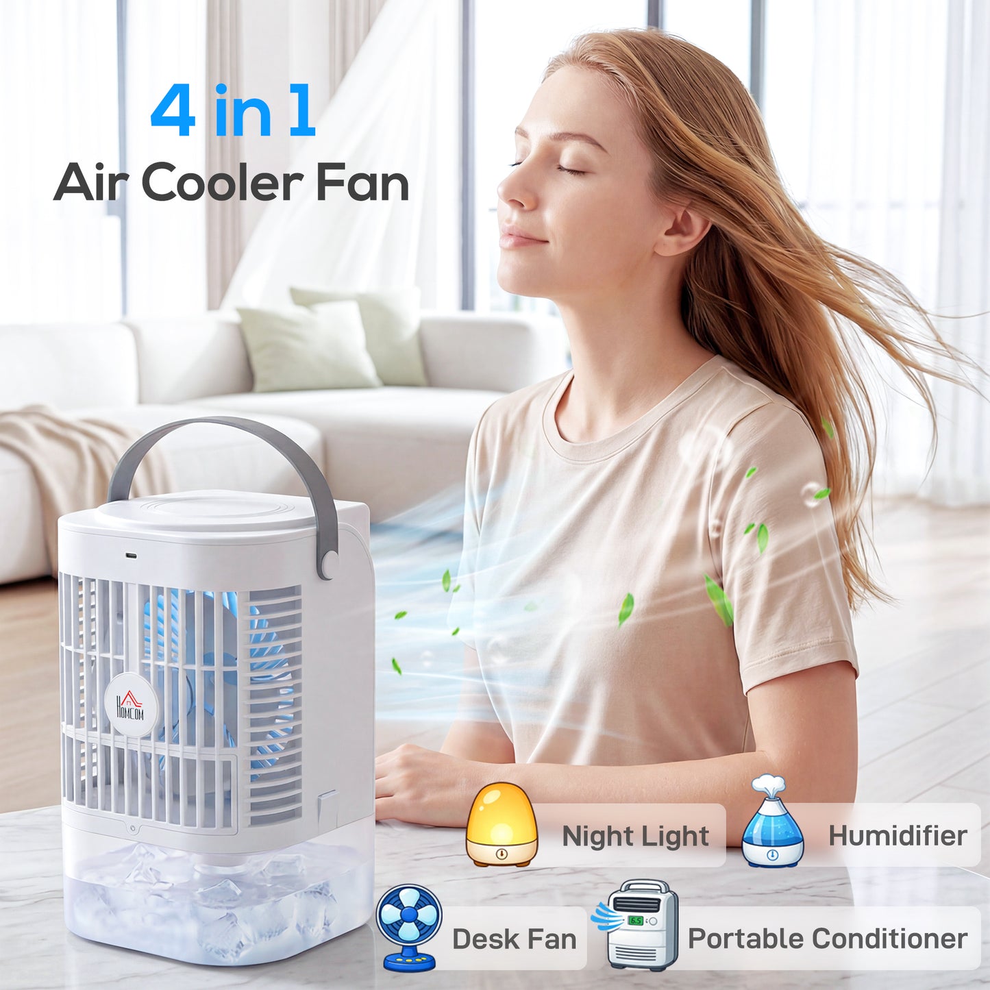 HOMCOM Portable 4 In 1 Air Conditioner And Mini Cooler With 4 Wind Speeds 2 Cool Mist RGB LED Light White