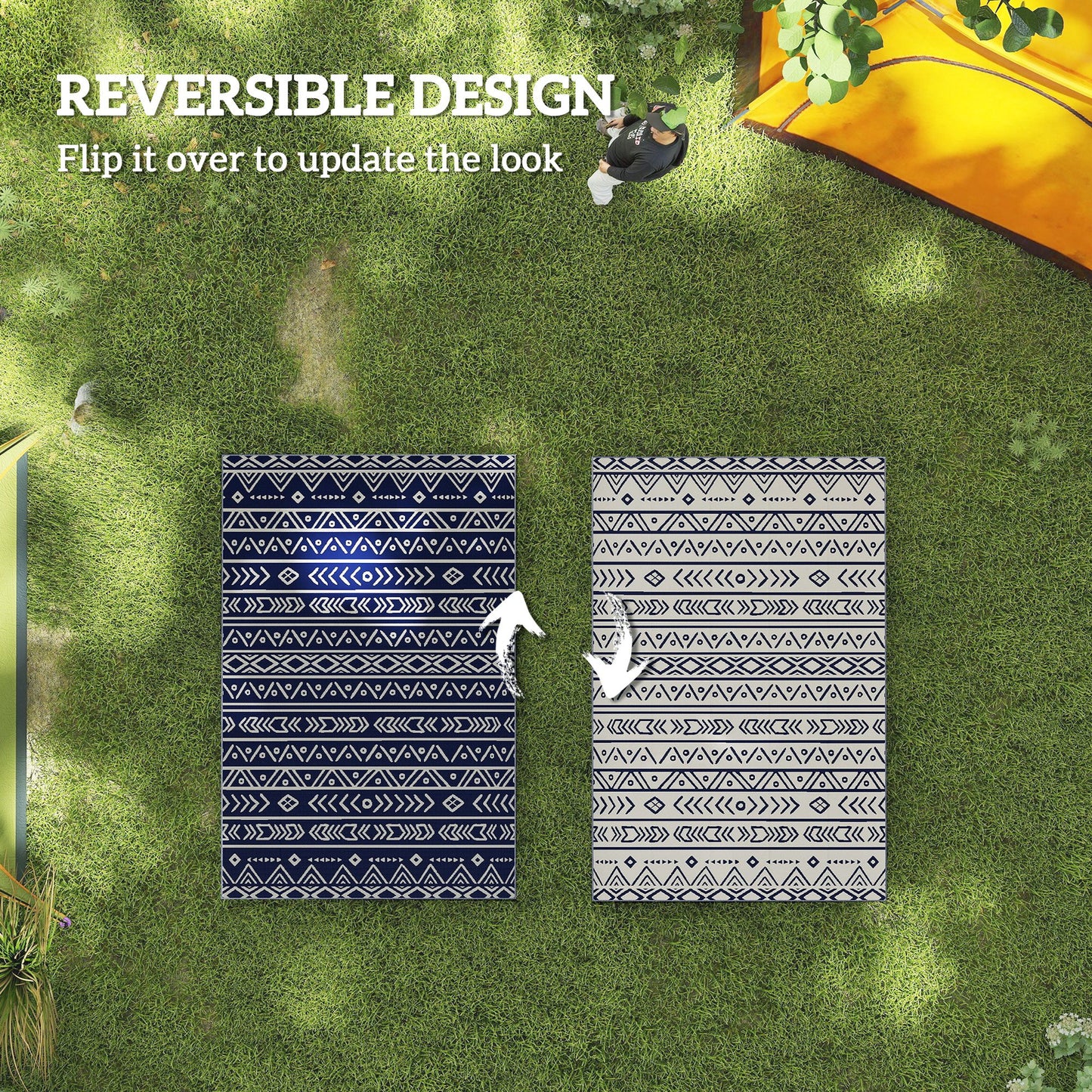Outsunny Reversible Outdoor Rug with Carry Bag Waterproof Plastic Straw Mat 182 x 274 cm Dark Blue and White