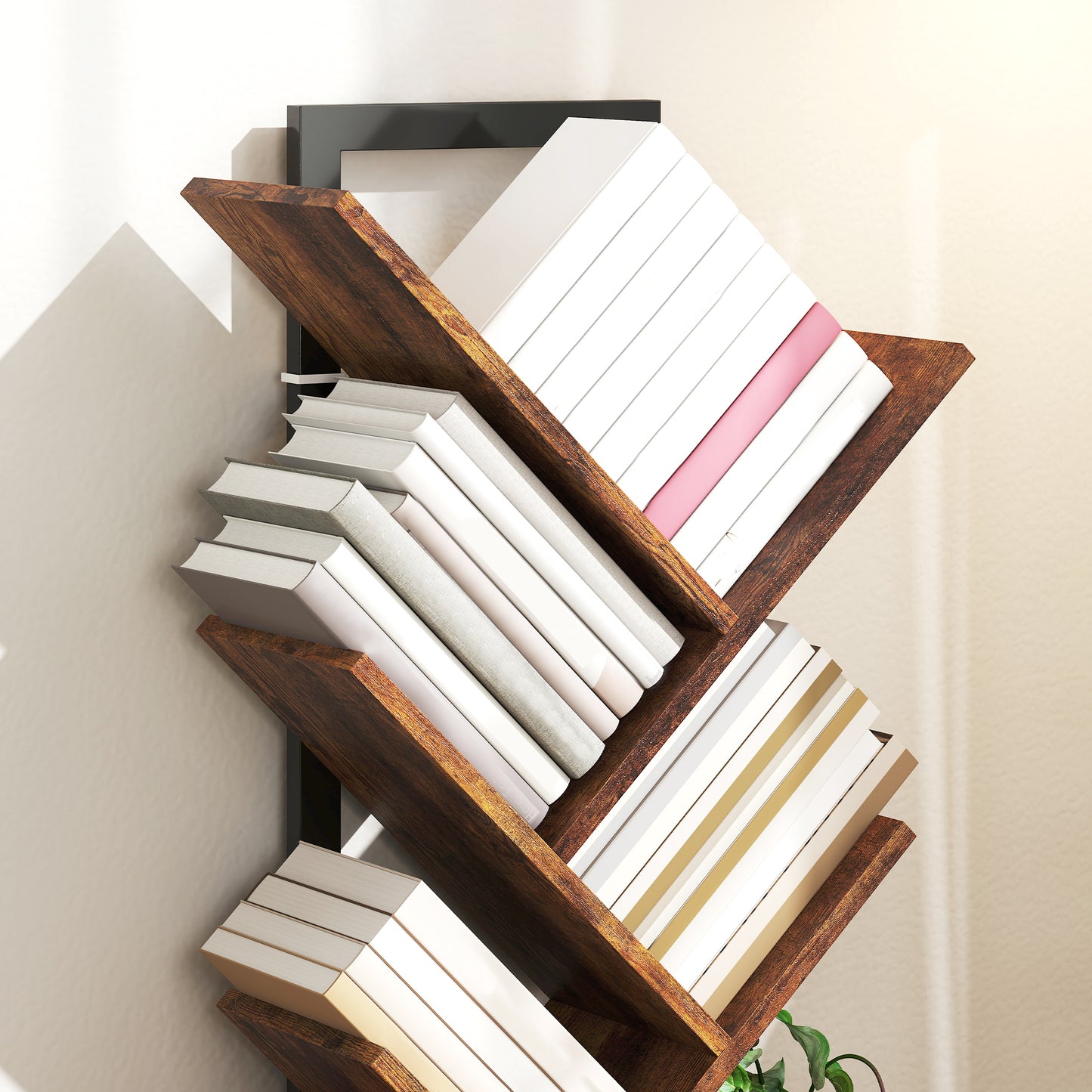 HOMCOM Six Section Tree Bookcase With Steel Frame And Wood Effect Finish For Books Magazines And Media Storage