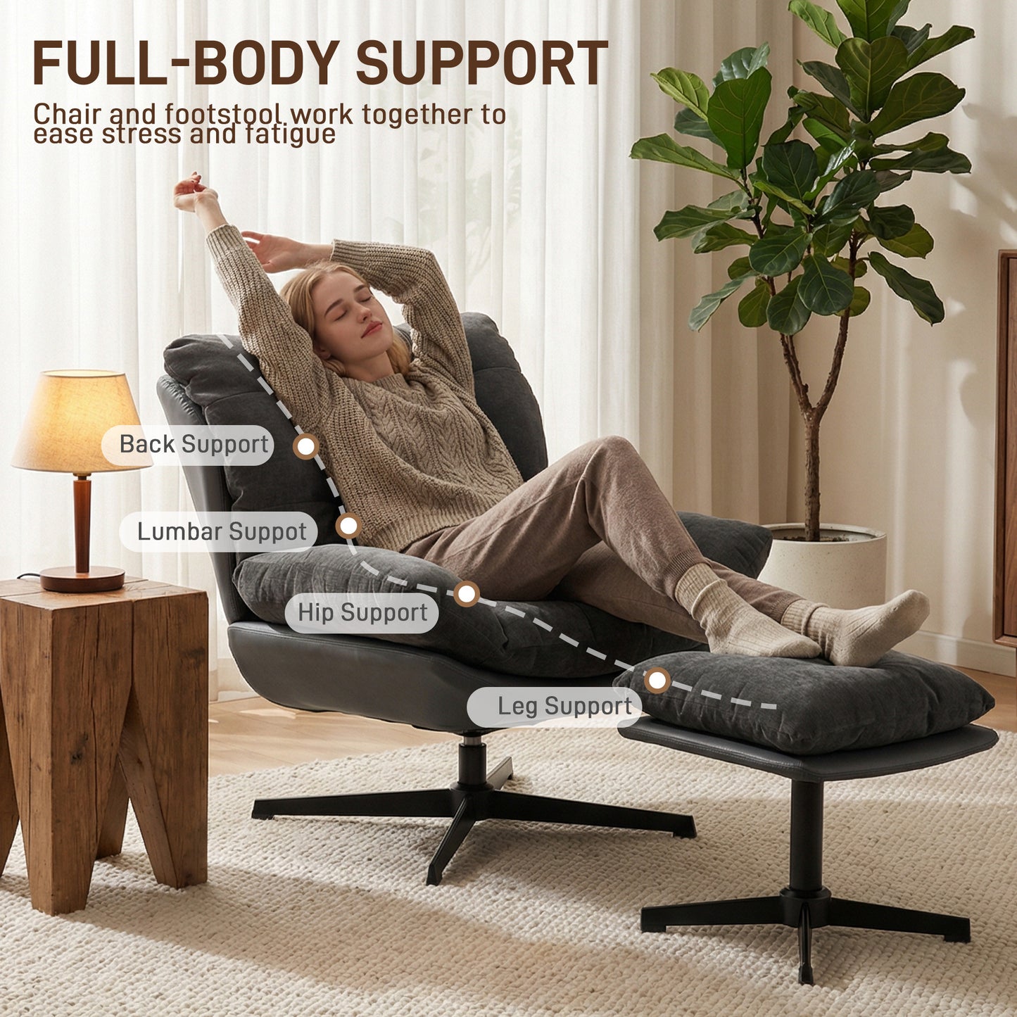HOMCOM Accent Chair With Footstool Swivel Lounge Chair Chenille Upholstery Metal Base Dark Grey