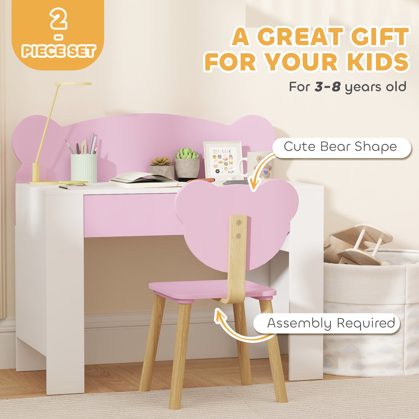 Aiyaplay Kids Desk And Chair Set With Drawer For Drawing And Reading Bear Theme Pink For Bedroom Daycare