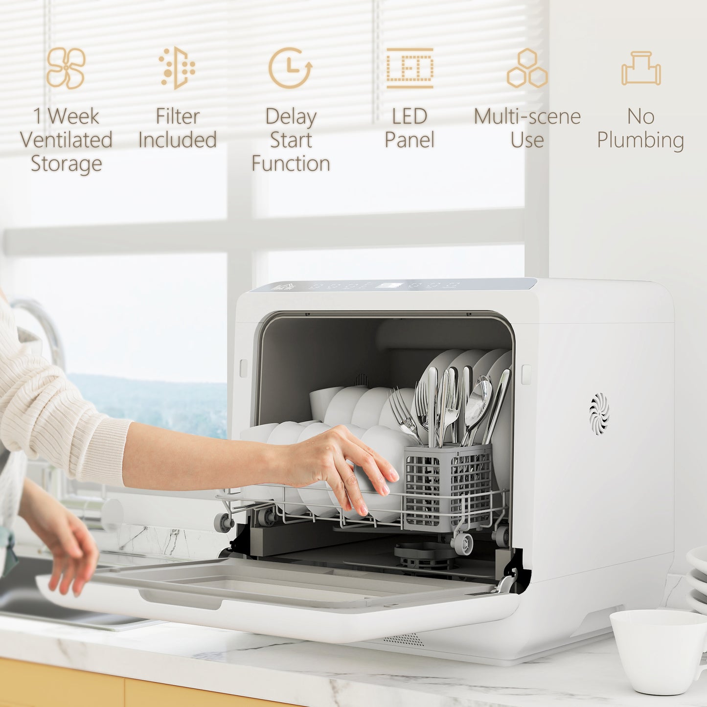 HOMCOM 6L Five Modes Tabletop Dishwasher White Compact Kitchen Appliance Fruit Wash