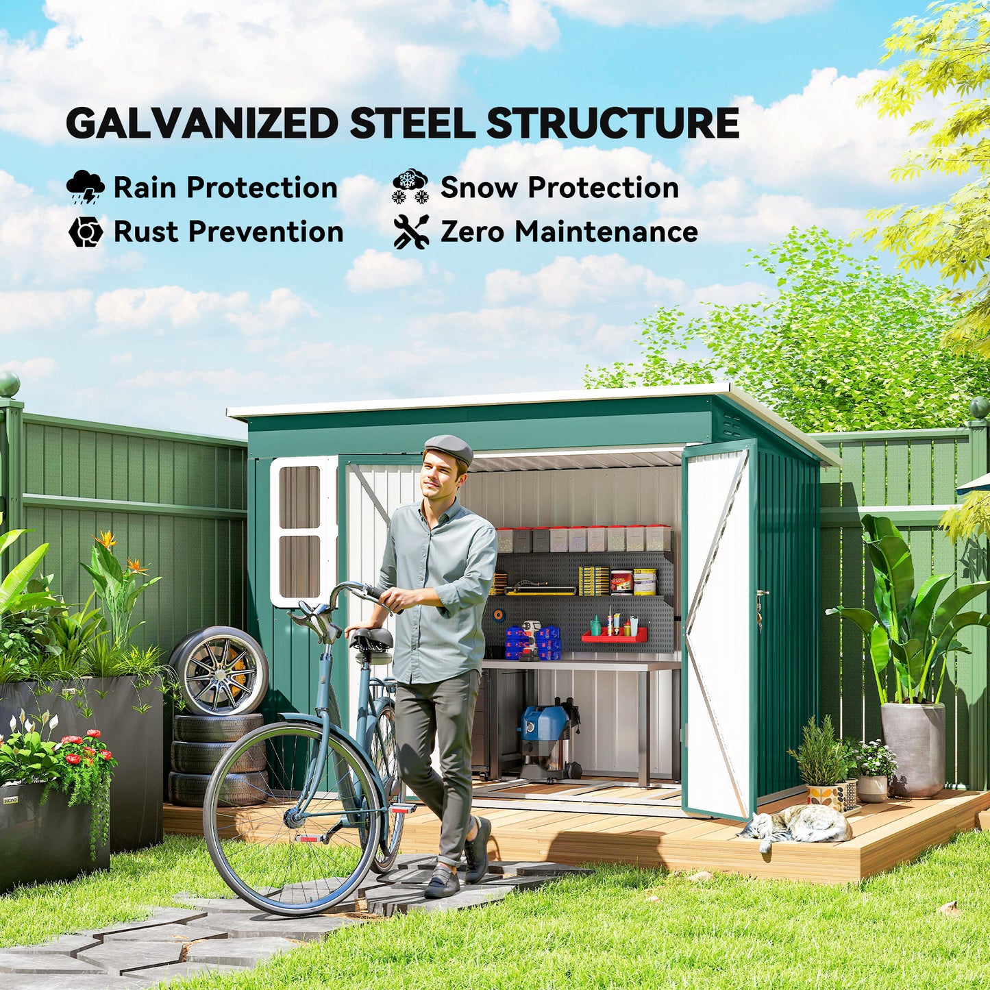 Outsunny 8.5 x 6ft Galvanised Steel Garden Storage Shed With Foundation Kit Window Air Vents Lockable Wide Doors