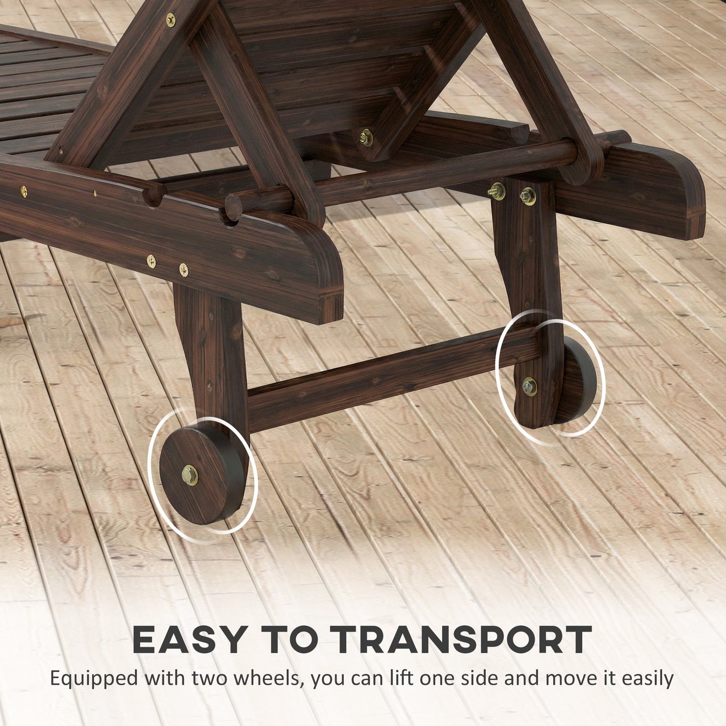 Outsunny Outdoor Wooden Sun Lounger With Built In Table Carbonised Finish Three Position Backrest And Side Tray