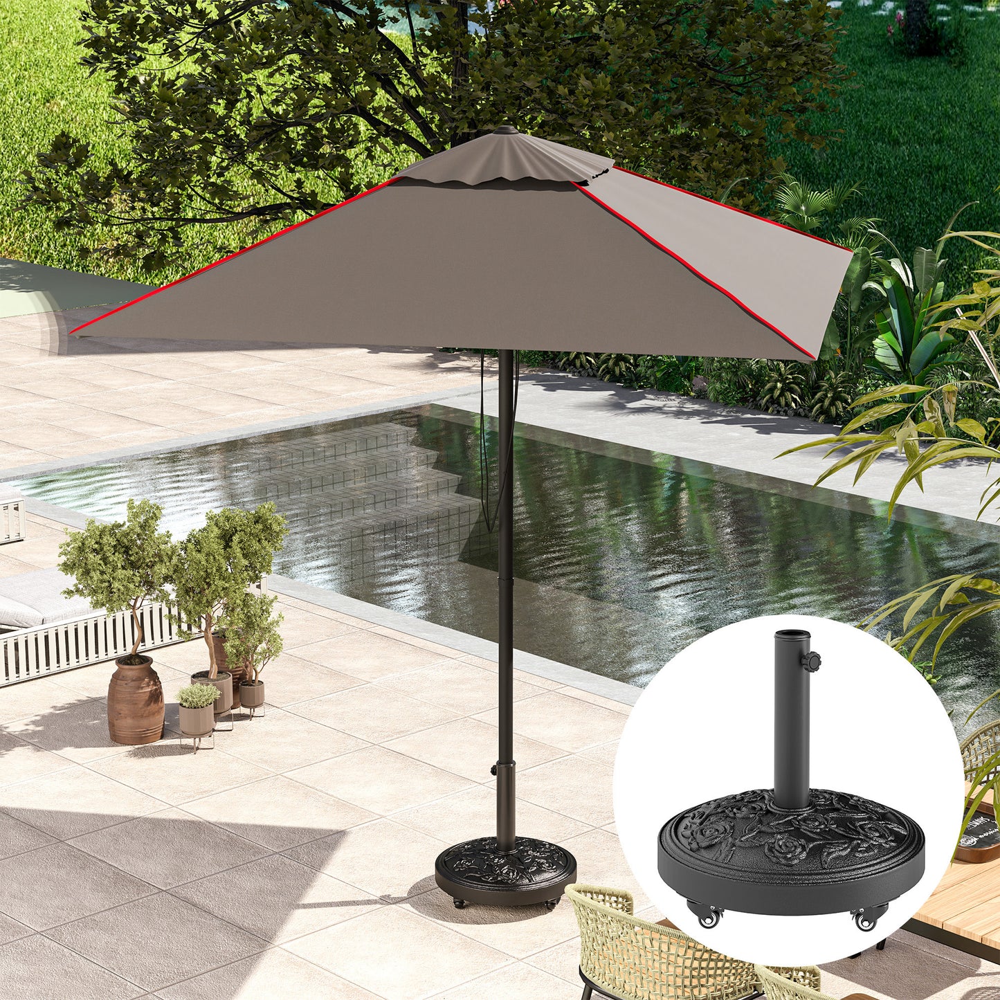 Outsunny Parasol Base With Wheels Cast Iron Effect Weather Resistant Black For Umbrella Canopy Patio Garden