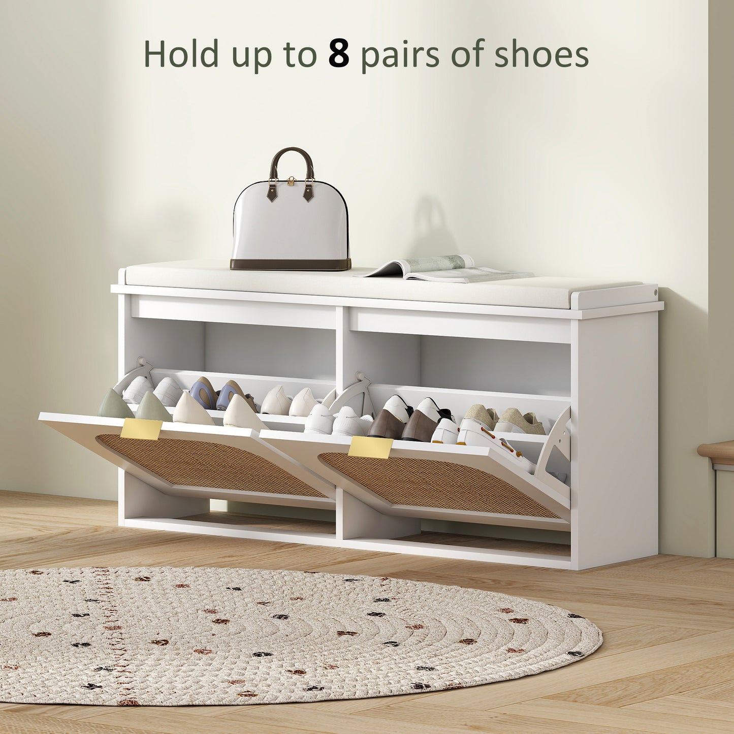 HOMCOM Boho Shoe Bench With Padded Seat And Two Flip Drawers White Entryway Organizer