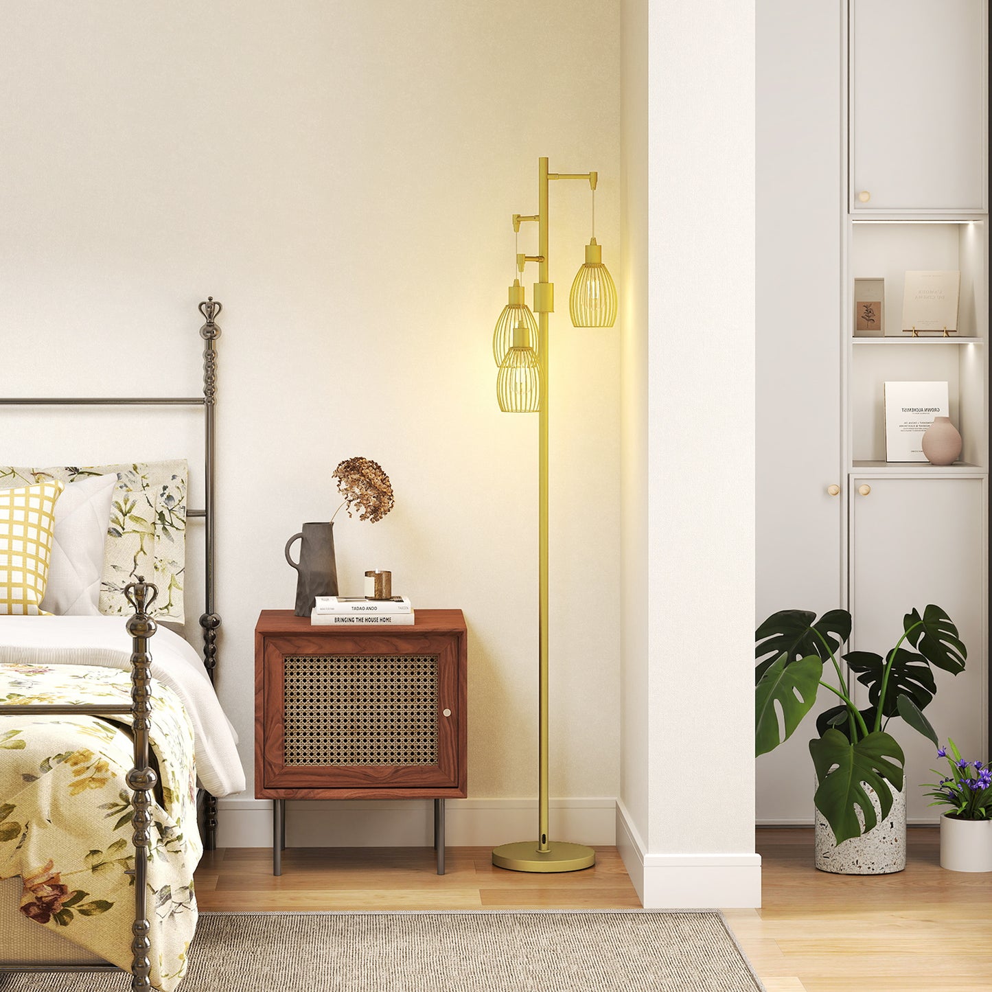 HOMCOM Three Light Floor Lamp 170cm Living Room Dimmable Standing Lamp With Steel Wire Cage Lampshades Gold Tone