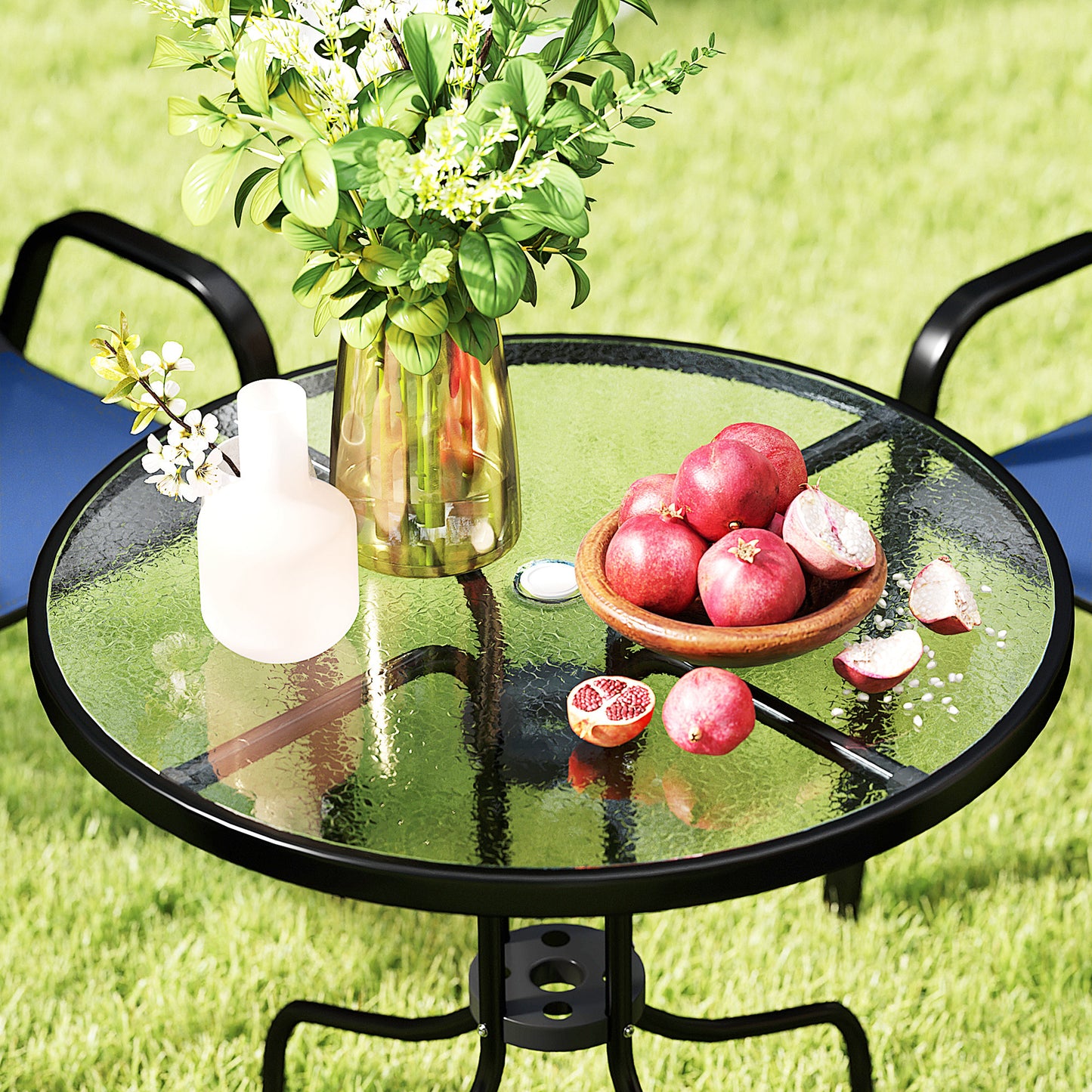 Outsunny Five Piece Steel Patio Set With Glass Top Table And Stackable Chairs Dark Blue