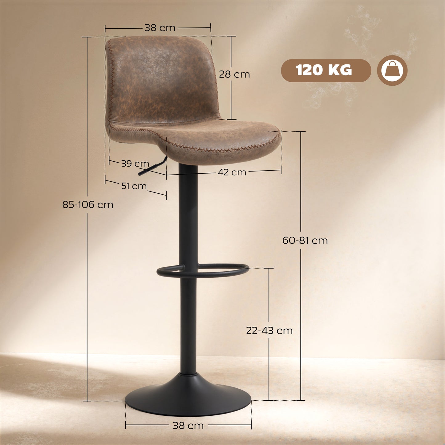 HOMCOM Bar Stools Set of 2 PU Leather Bar Stools with Backrest and Footrest for Kitchen Counter Breakfast Bar Brown