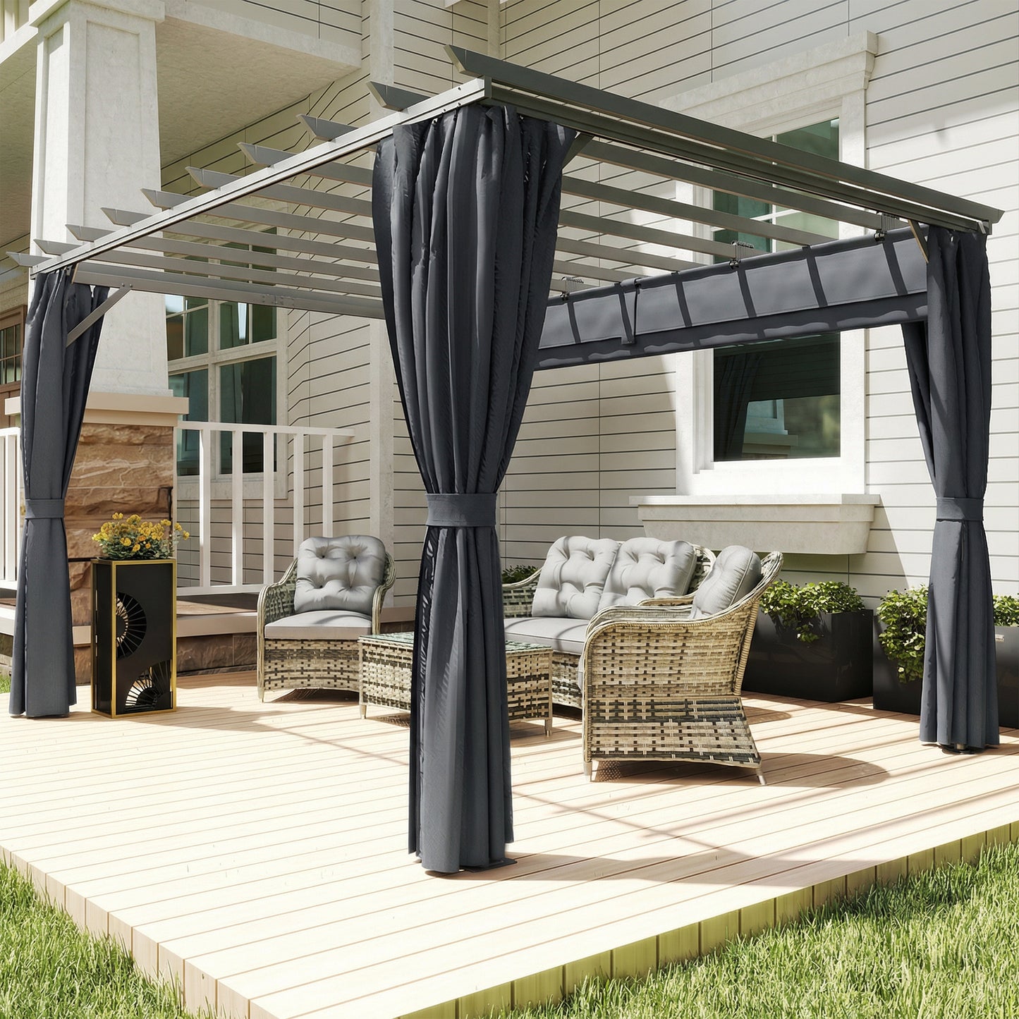 Outsunny 3.6 x 3 m Pergola With Retractable Roof Canopy Curtains Aluminium Garden Gazebo Sun Shade Shelter Dark Grey