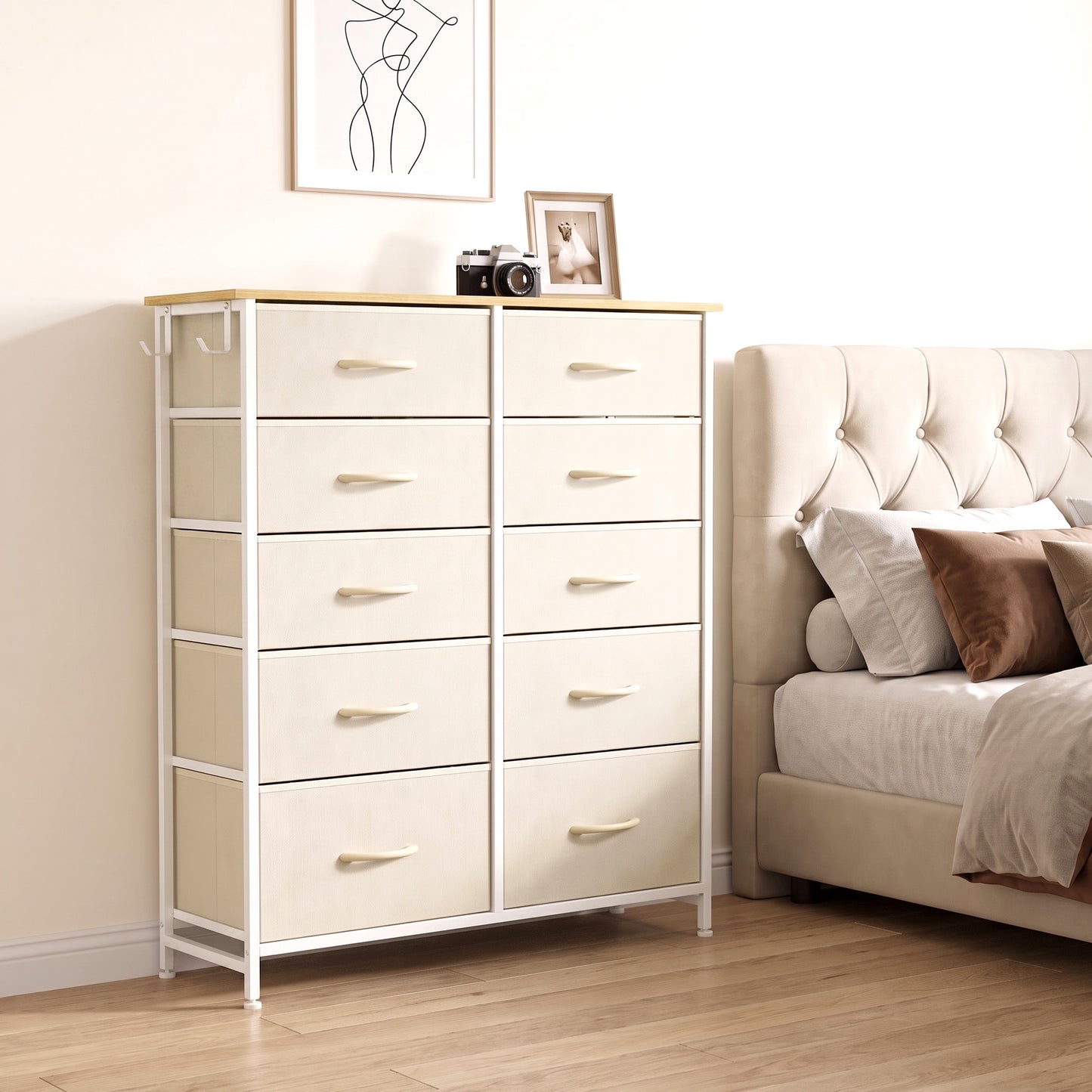 Homcom 10 Drawer Fabric Dresser With Steel Frame And Hooks Beige