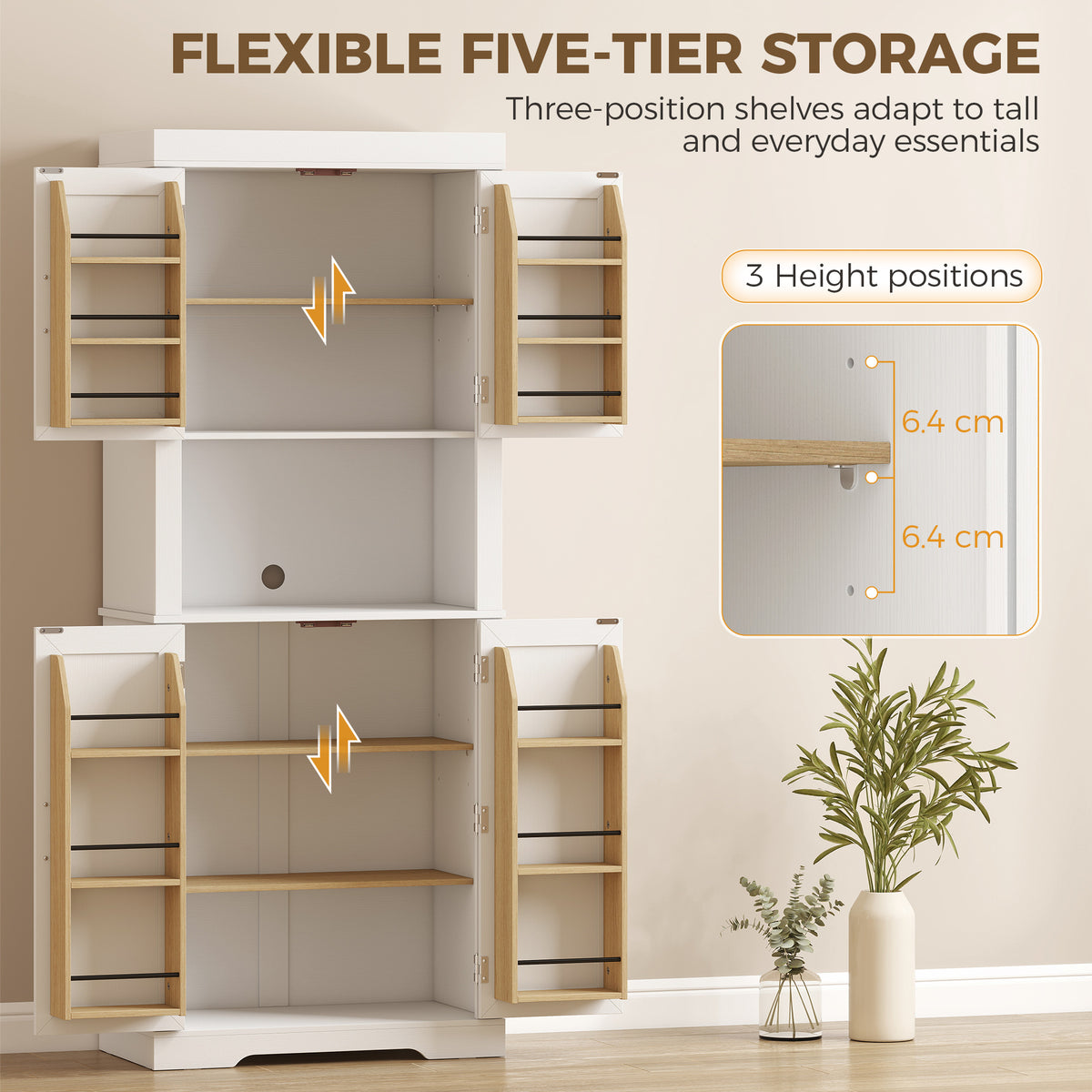 White tall cabinet with flexible multi-position shelves, shown with open storage areas