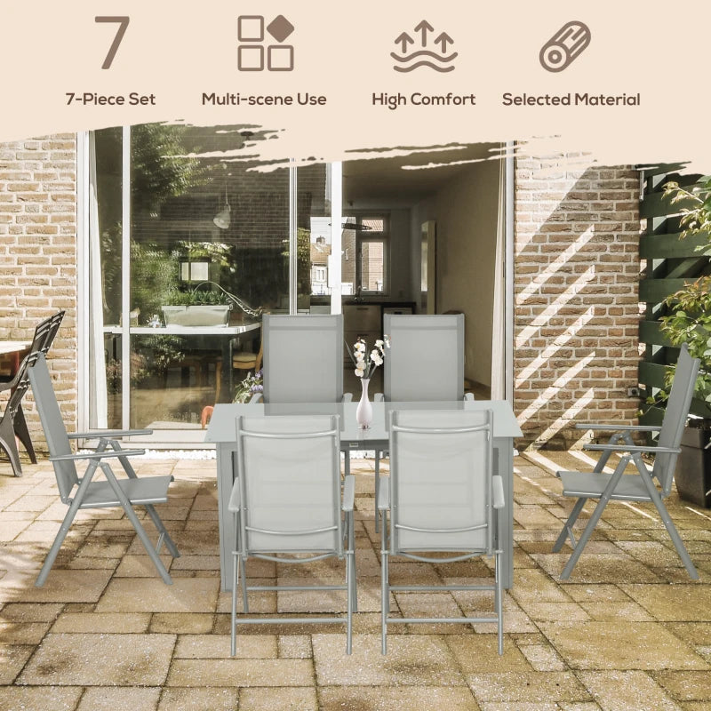 Outsunny 7-Piece Garden Dining Set - Outdoor Table and 6 Folding Reclining Chairs with Aluminium Frame, Tempered Glass Top Table, Texteline Seats - Grey | Stylish Patio Furniture Ensemble - ALL4U RETAILER LTD