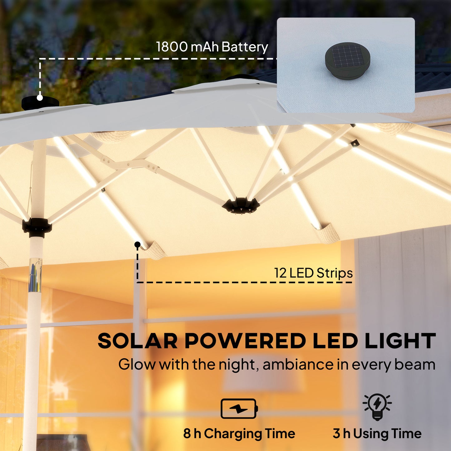 Outsunny 3m Double Sided Garden Parasol With Led Solar Lights Cream White Outdoor Sun Umbrella With Crank