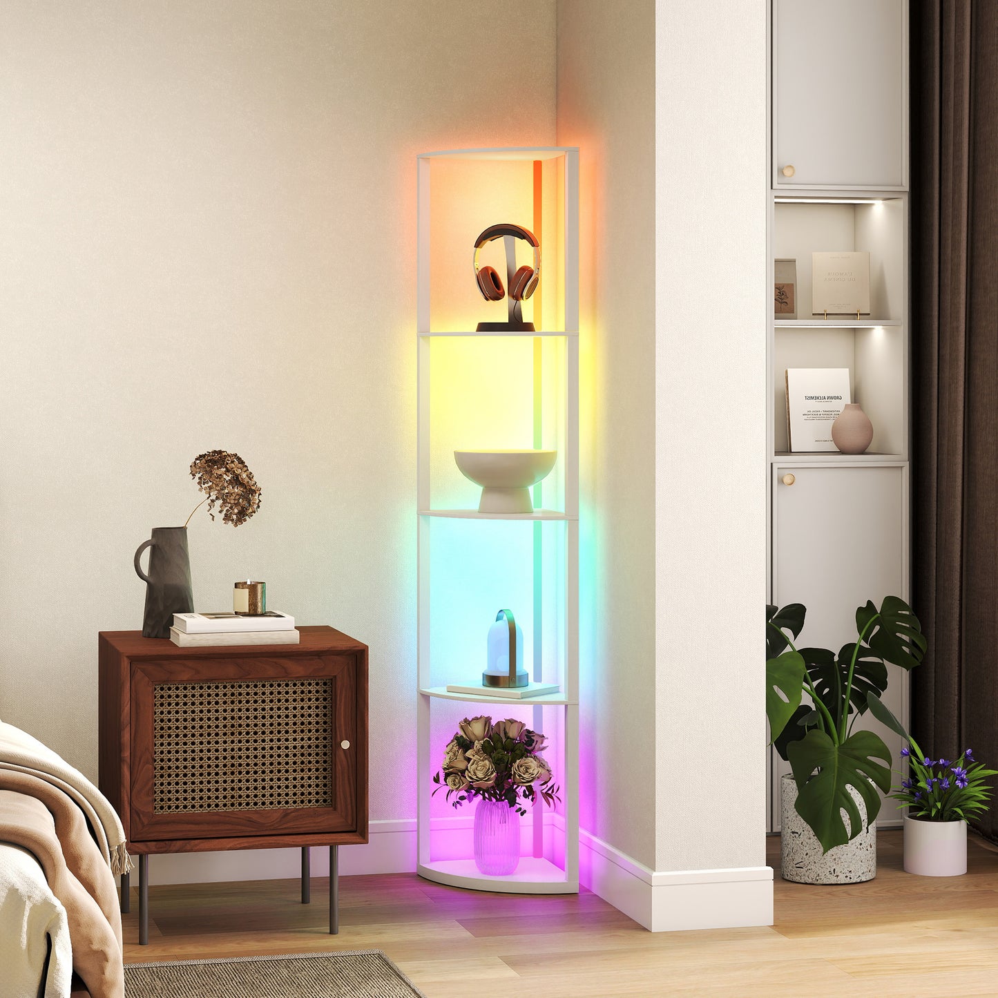 HOMCOM RGB LED Floor Lamp With Shelves 5 Tier Corner Display Shelf Unit For Living Room Bedroom Office White