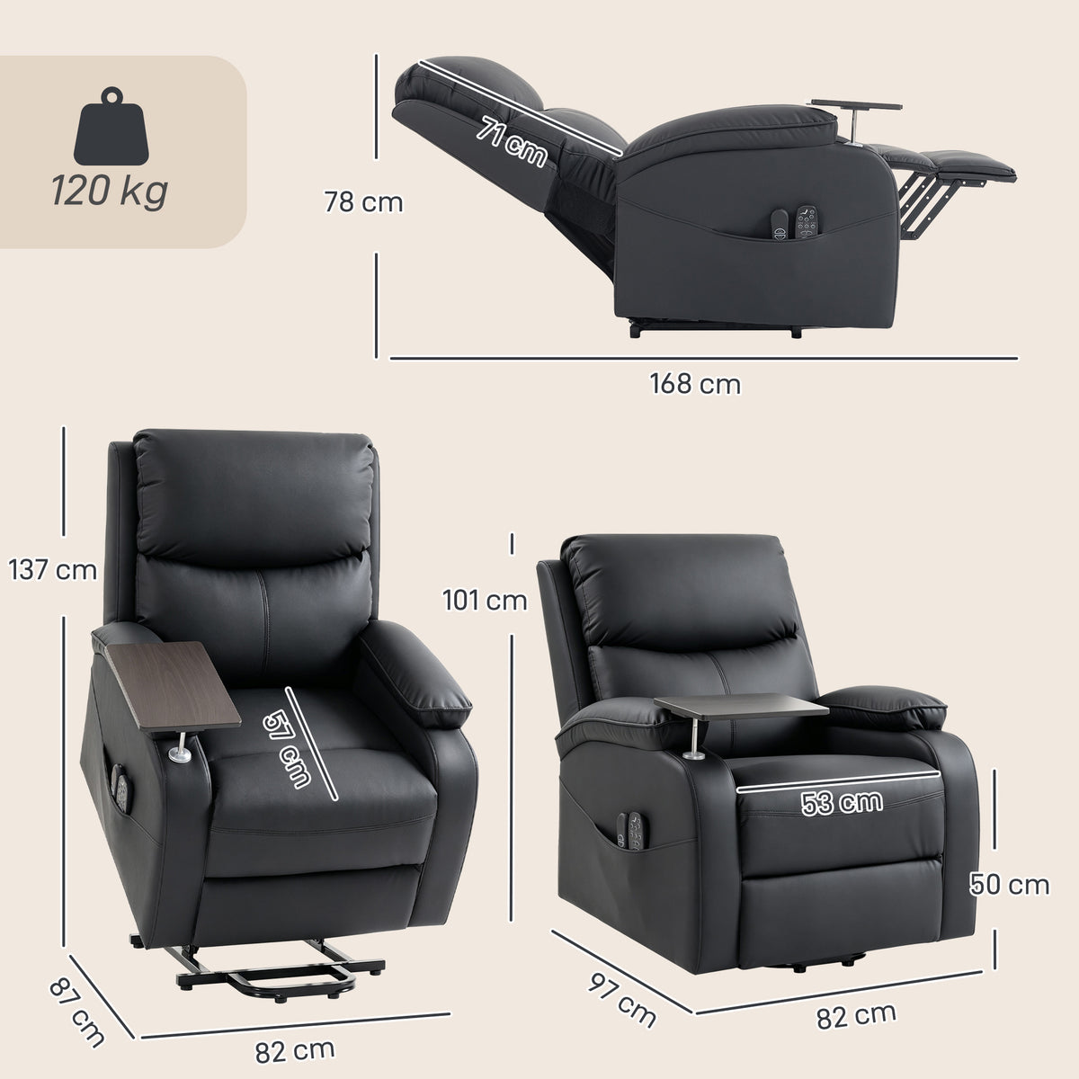 Electric lift recliner chair size diagram with lift and recline dimensions