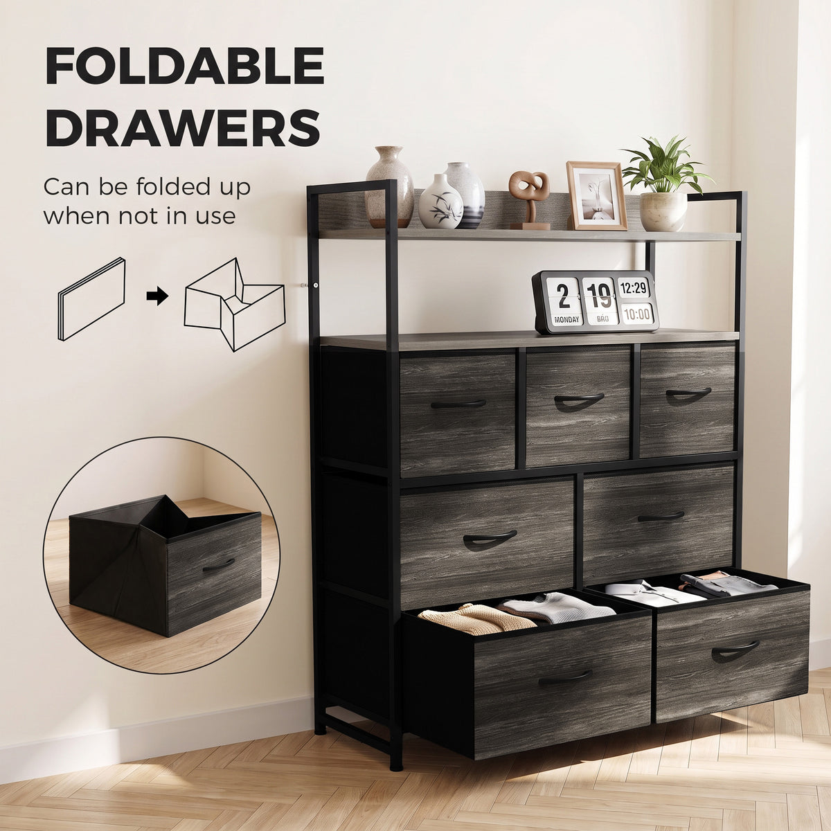 Grey wood-effect dresser with open shelves and fabric foldable drawers in black frame