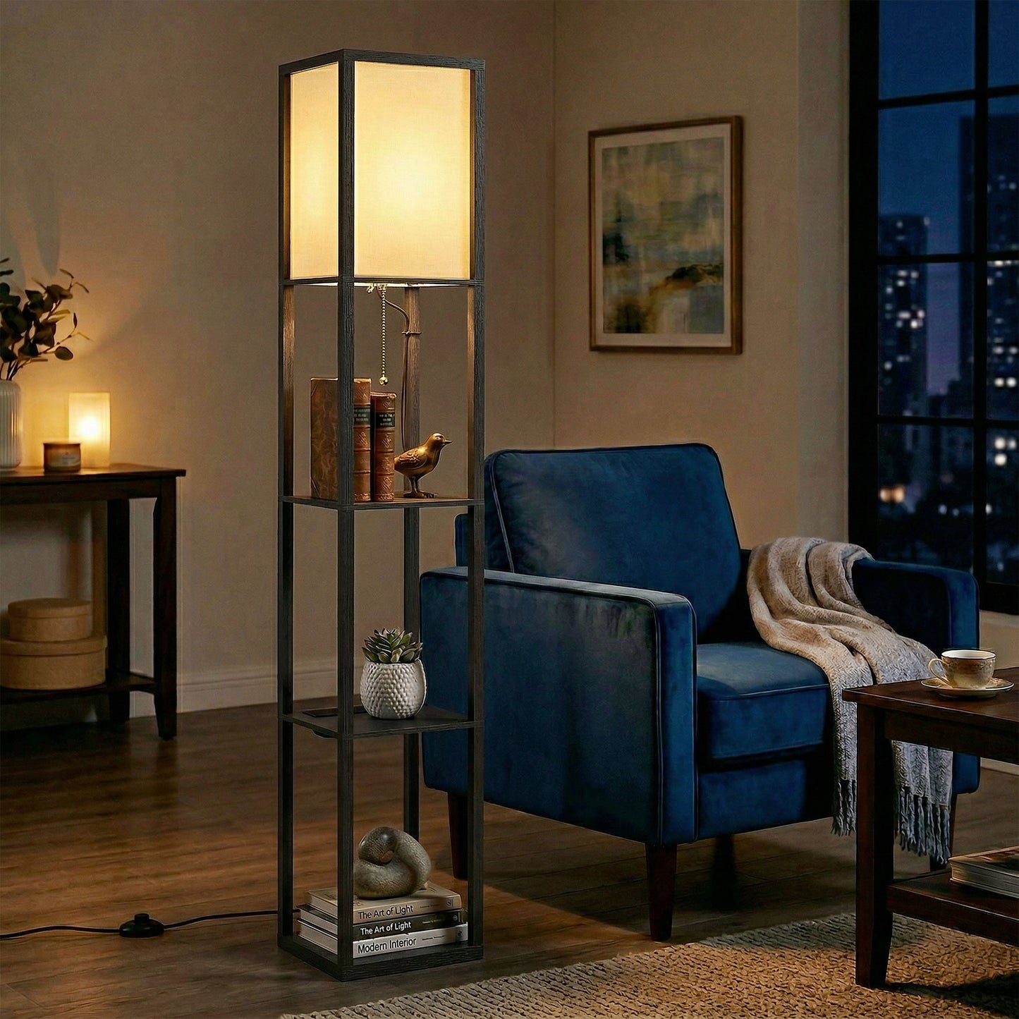 HOMCOM Three Tier Floor Lamp With Shelves For Living Room Bedroom Office Black Finish