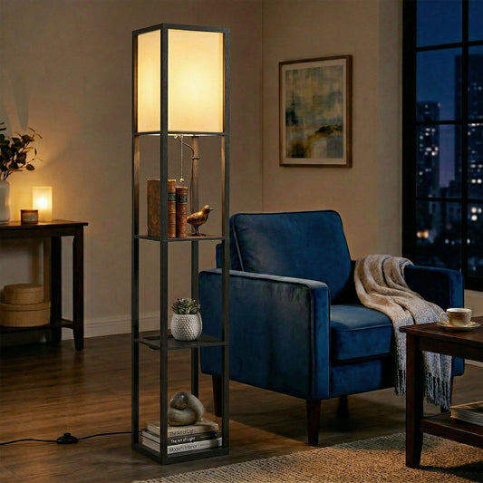 HOMCOM Three Tier Floor Lamp With Shelves For Living Room Bedroom Office Black Finish