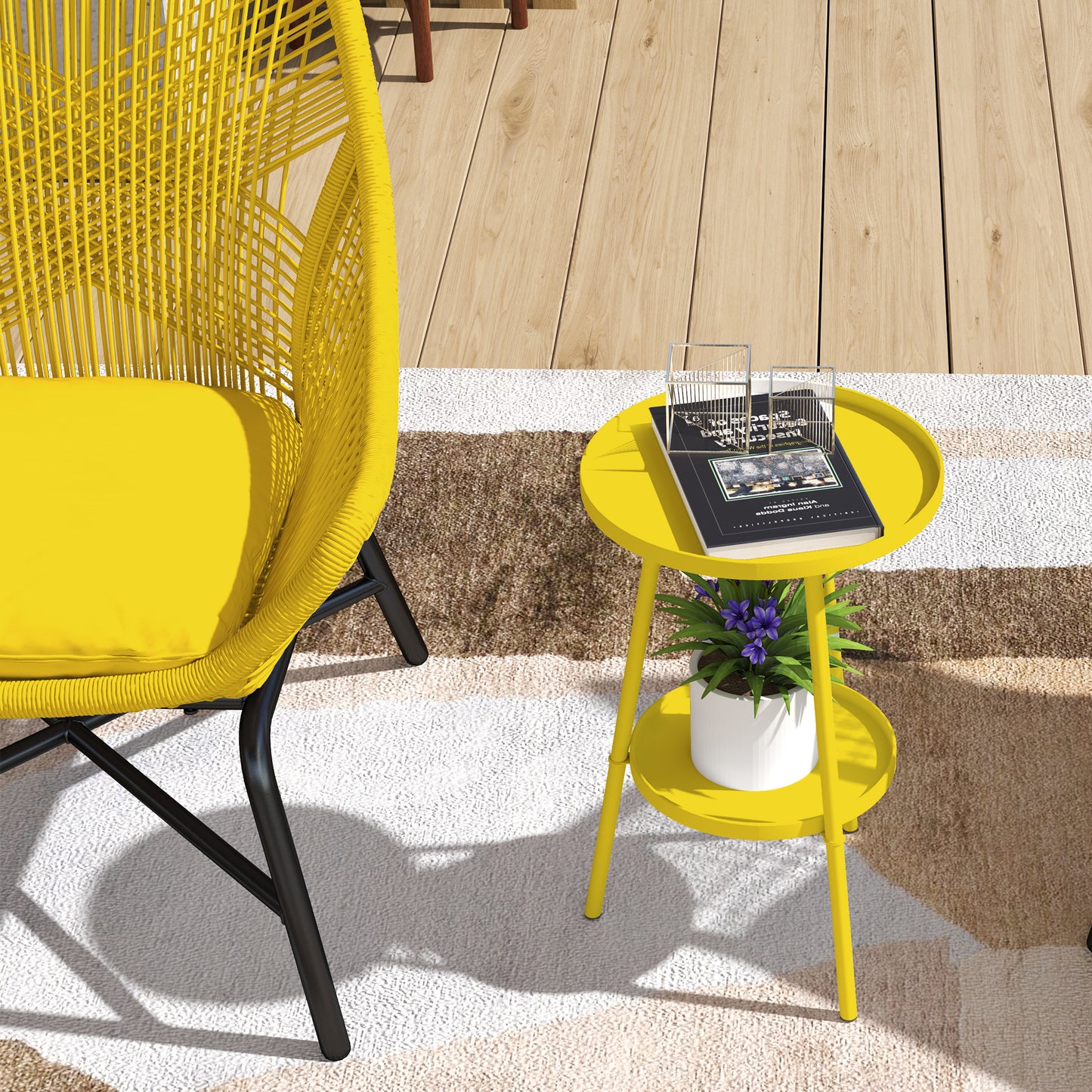 Outsunny Two Tier Metal Garden Table Yellow Indoor Outdoor Weather Resistant Patio Accent
