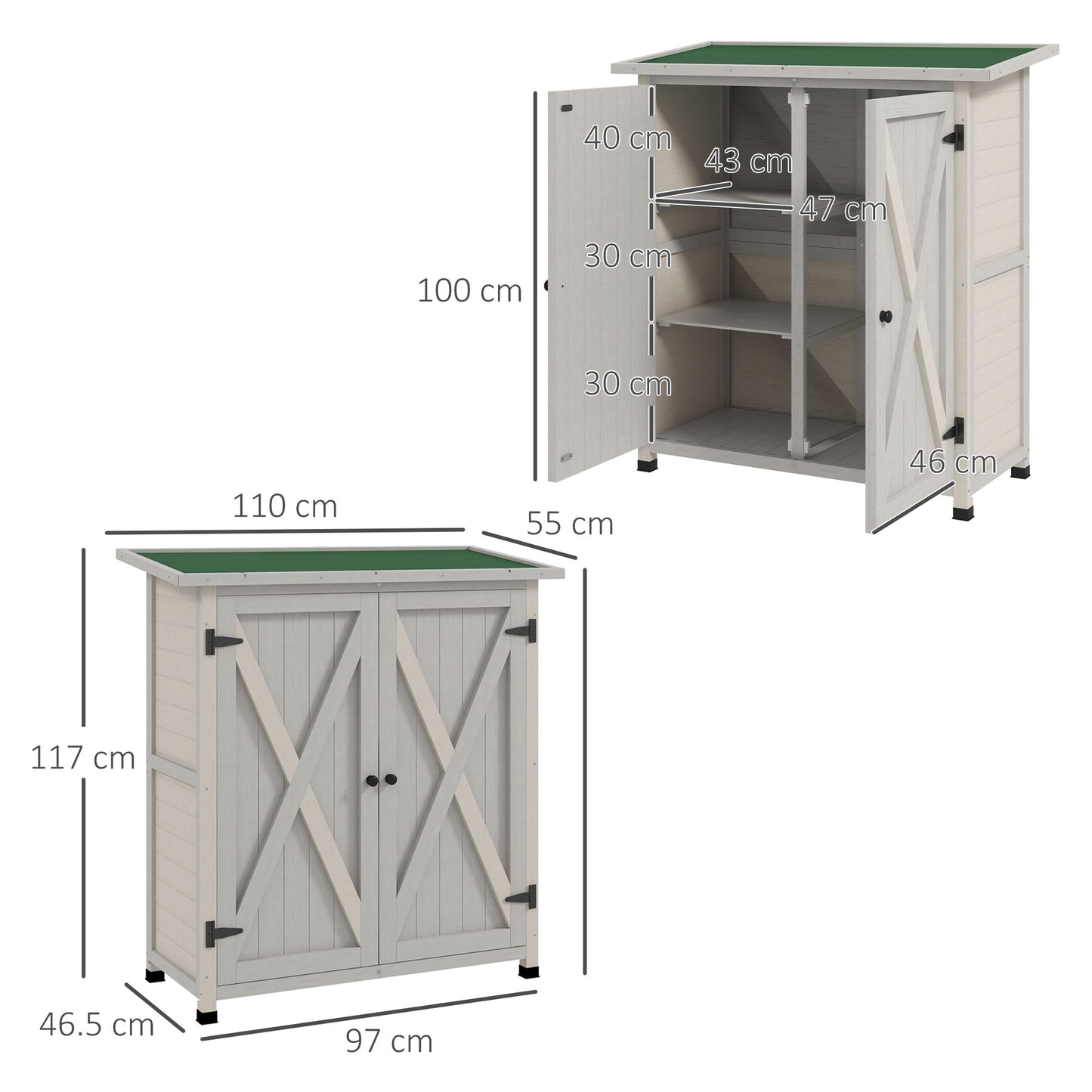 Outsunny Wooden Garden Shed Storage Shed Fir Tool Cabinet Shelves Double Door Light Grey - ALL4U RETAILER LTD