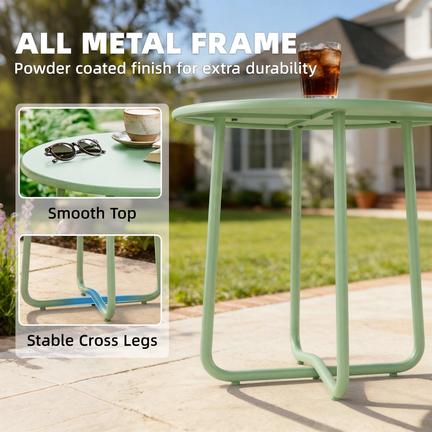 Outsunny 48 Cm Round Metal Outdoor Garden Side Table With Rolled Edge And Adjustable Foot Pads Rust Resistant Green