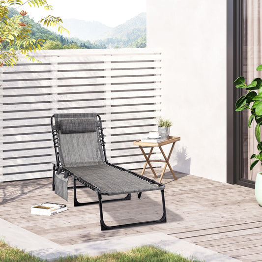 Outsunny Portable Sun Lounger, Camping Bed Cot, Reclining Chair with Pillow - Mixed Grey - ALL4U RETAILER LTD