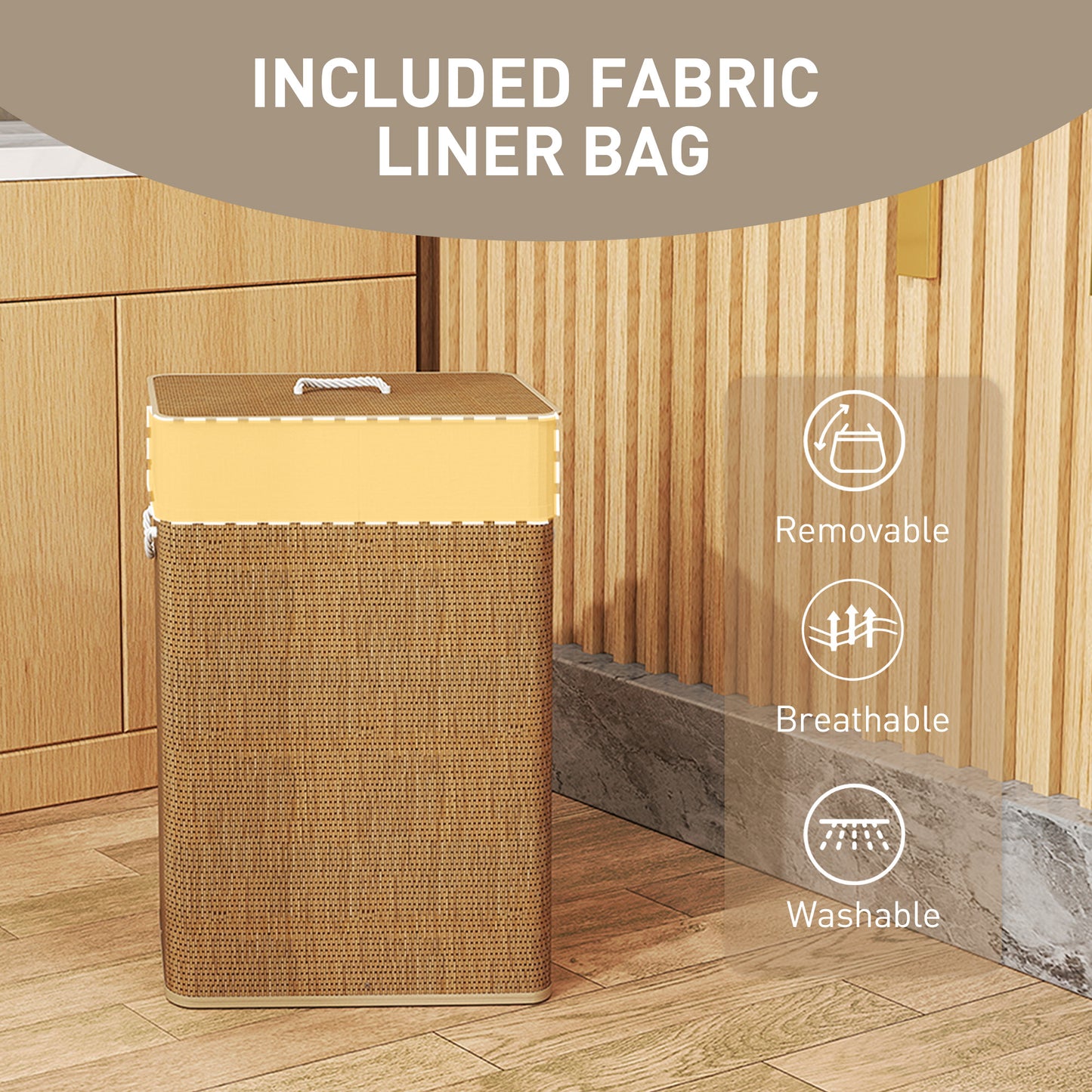 HOMCOM Bamboo Laundry Basket With Lid 72L Hamper With Rope Handles And Removable Liner Bag Brown