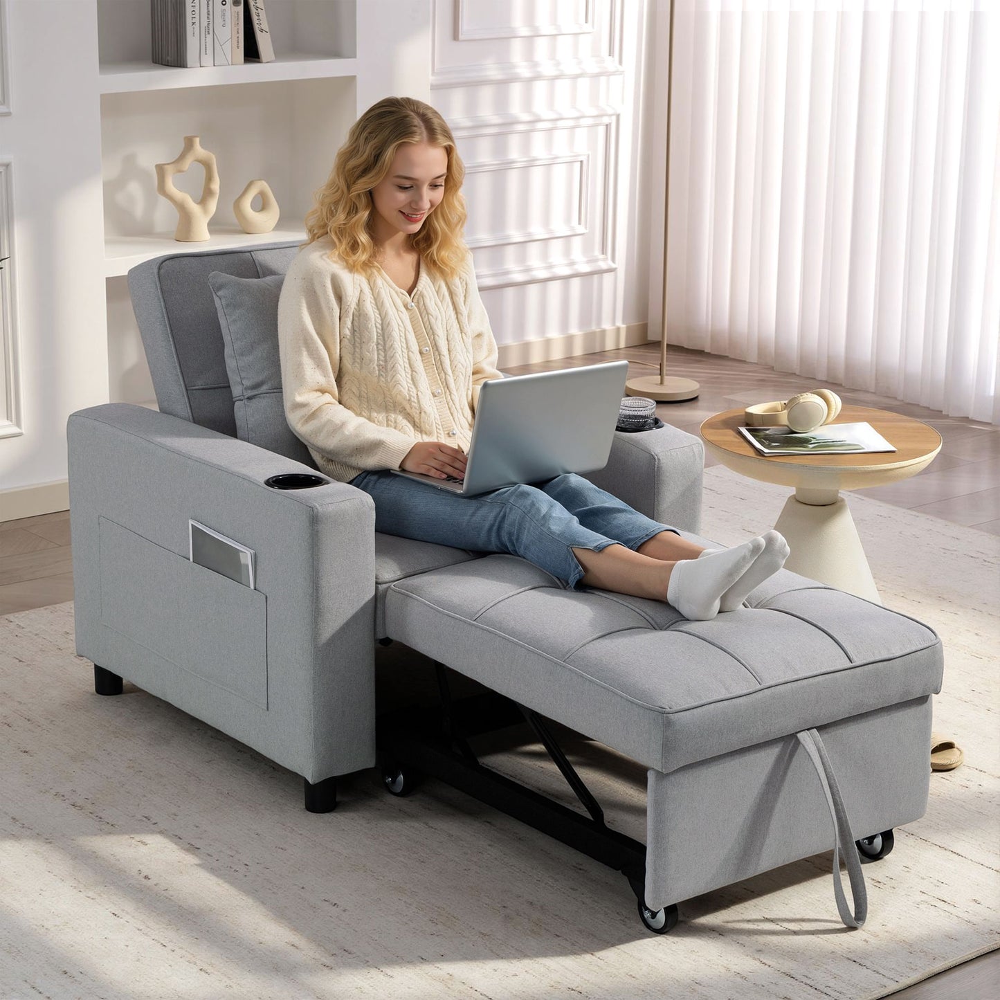 HOMCOM 3 In 1 Sofa Bed Convertible Sleeper Chair Bed With Soft Upholstery And Light Grey