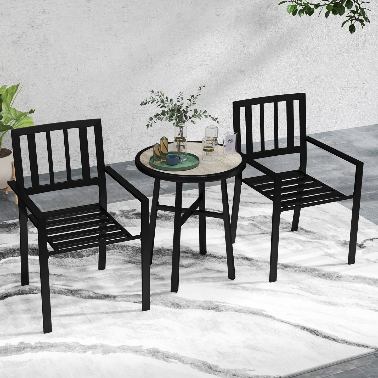 Outsunny 3 Piece Patio Bistro Set With Round Table And Stackable Chairs Galvanised Steel Frame Grey