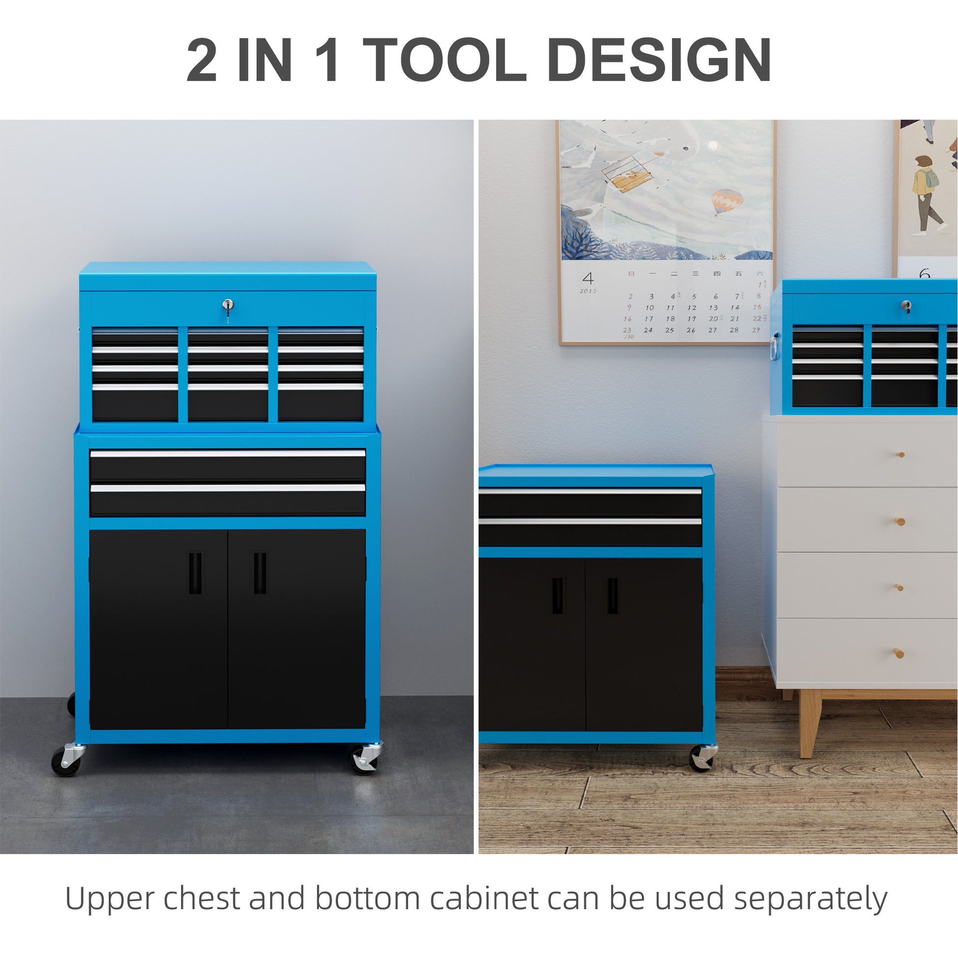 HOMCOM Blue Metal Rolling Tool Chest with 6 Drawers and Lockable Cabinet for Garage and Workshop - ALL4U RETAILER LTD