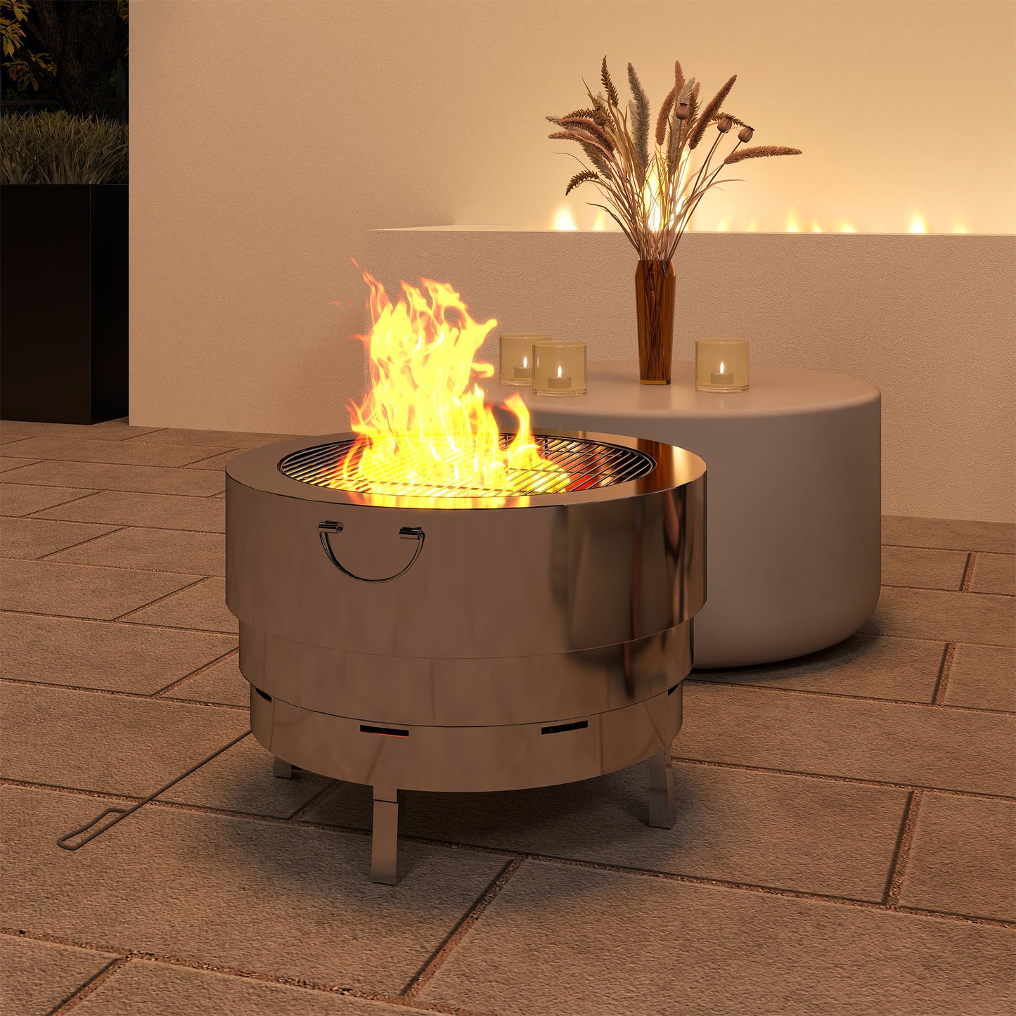 Outsunny Stainless Steel Wood Burning Fire Pit With Fire Poker Silver Portable Outdoor Fire Pit For Grilling