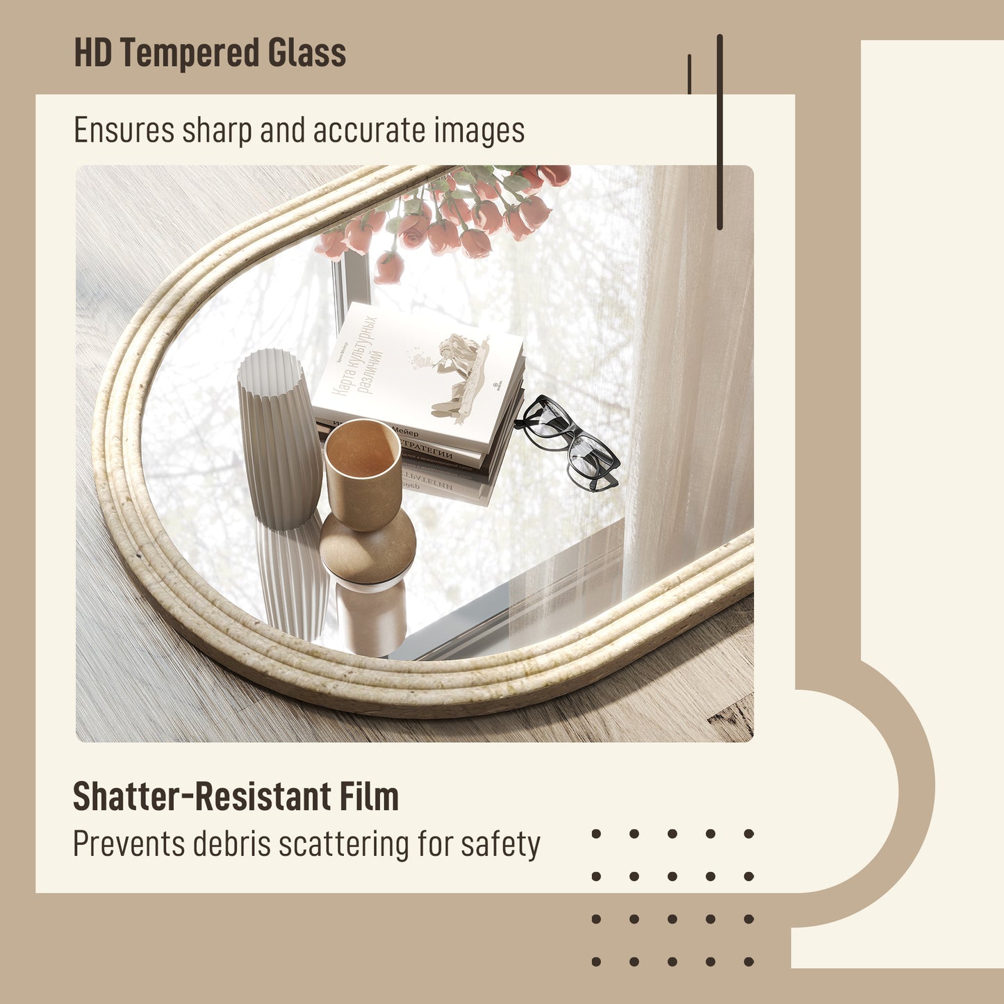 HOMCOM Arched Wall Mirror With Grooved Edge And Hooks Wall Mounted Modern Tempered Glass Beige