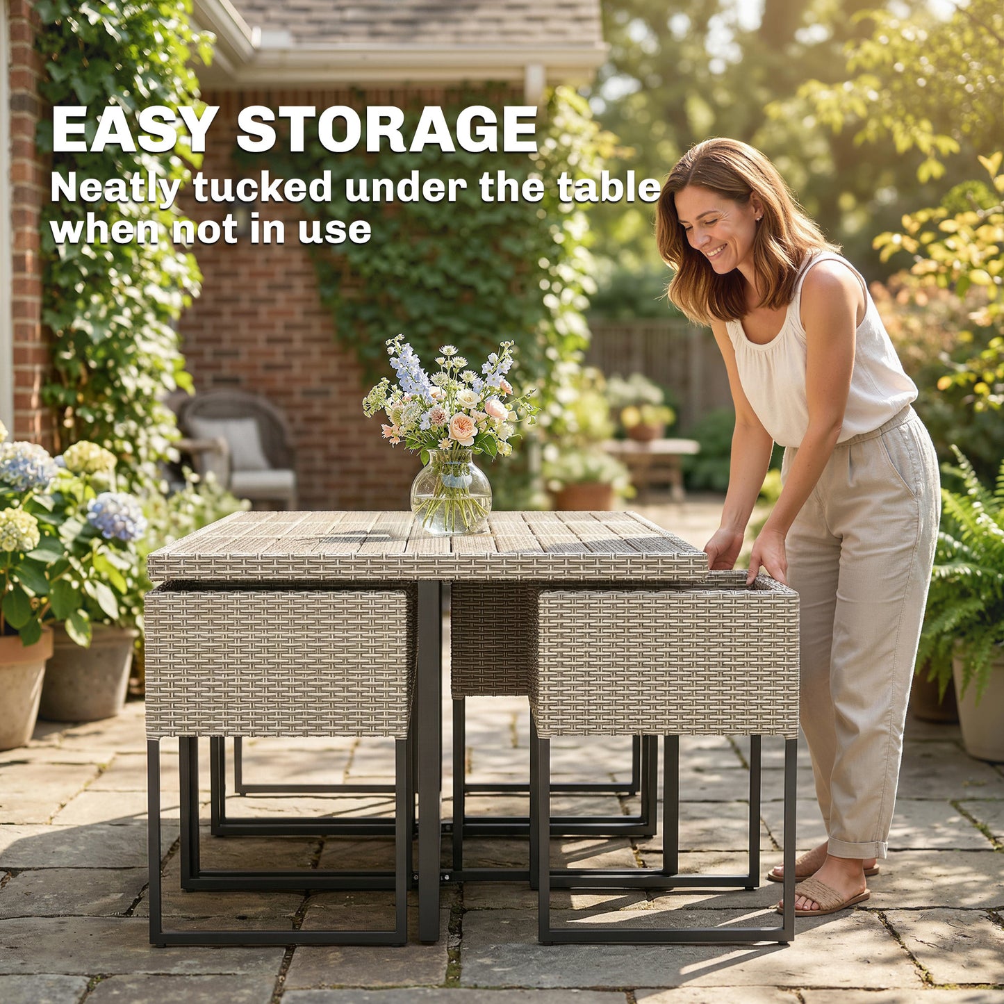 Outsunny 7 Piece Rattan Garden Furniture Set With Wood Plastic Table And 6 Stackable Chairs Light Grey