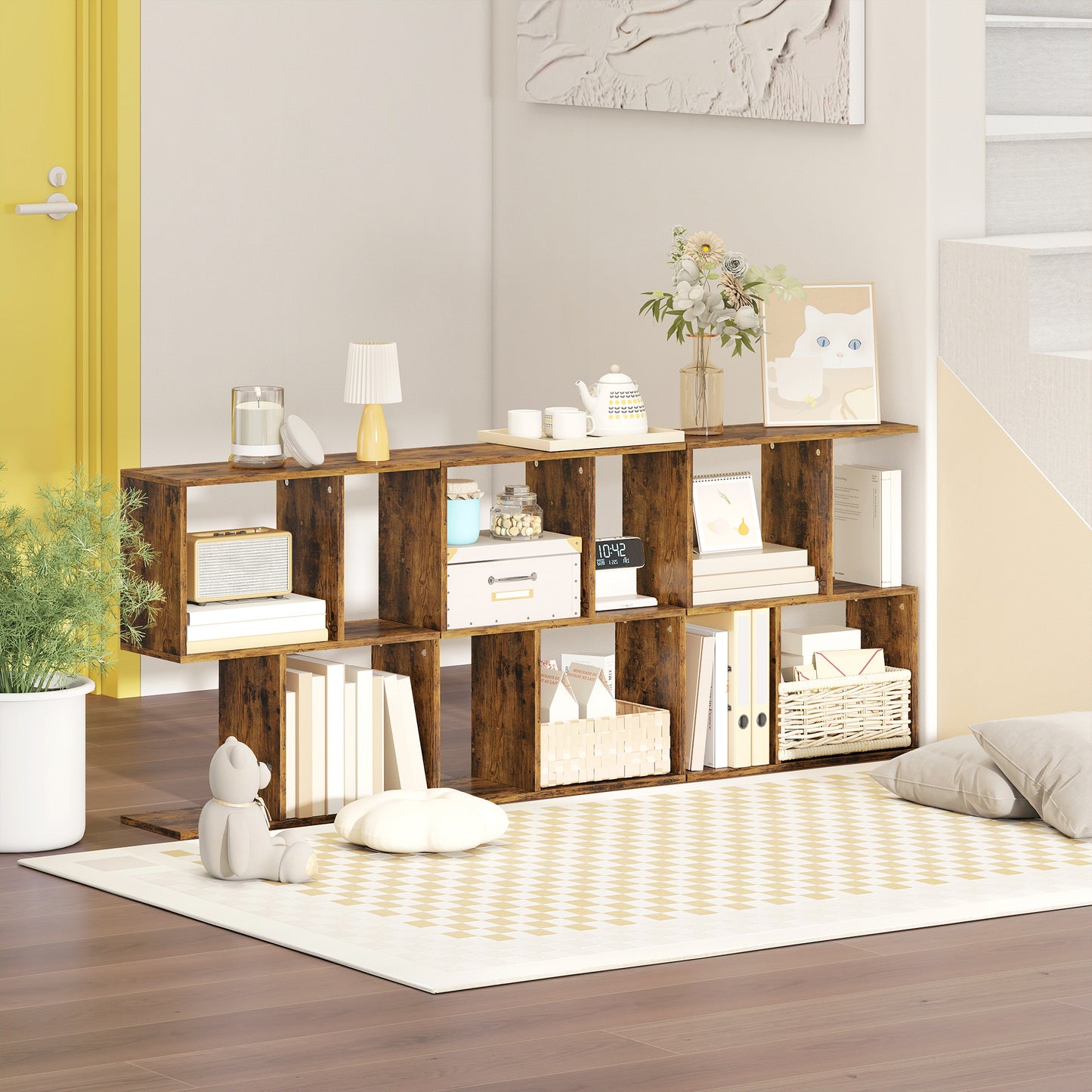 HOMCOM S Shaped Narrow Side Table With Storage Shelves 3 Tier Rustic Brown 50W 19D 58H Cm