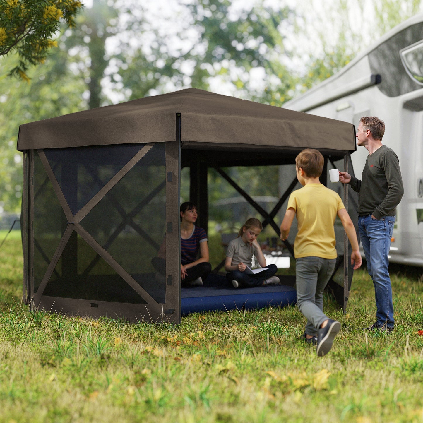 Outsunny 3x3m Hexagon Pop Up Gazebo With 5 Sides Carry Bag Waterproof UV Resistant Garden Patio Tent Brown