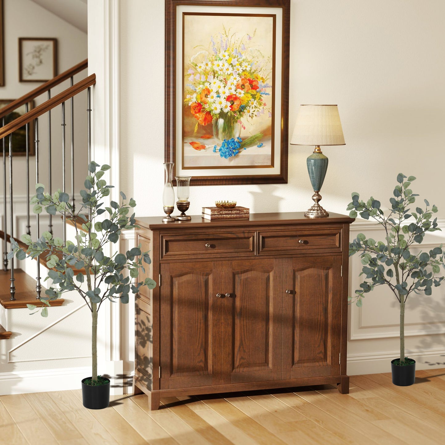 HOMCOM Set Of 2 Decorative Eucalyptus Trees 4ft 120cm With 230 Silver Dollar Leaves In Pot Indoor Decor