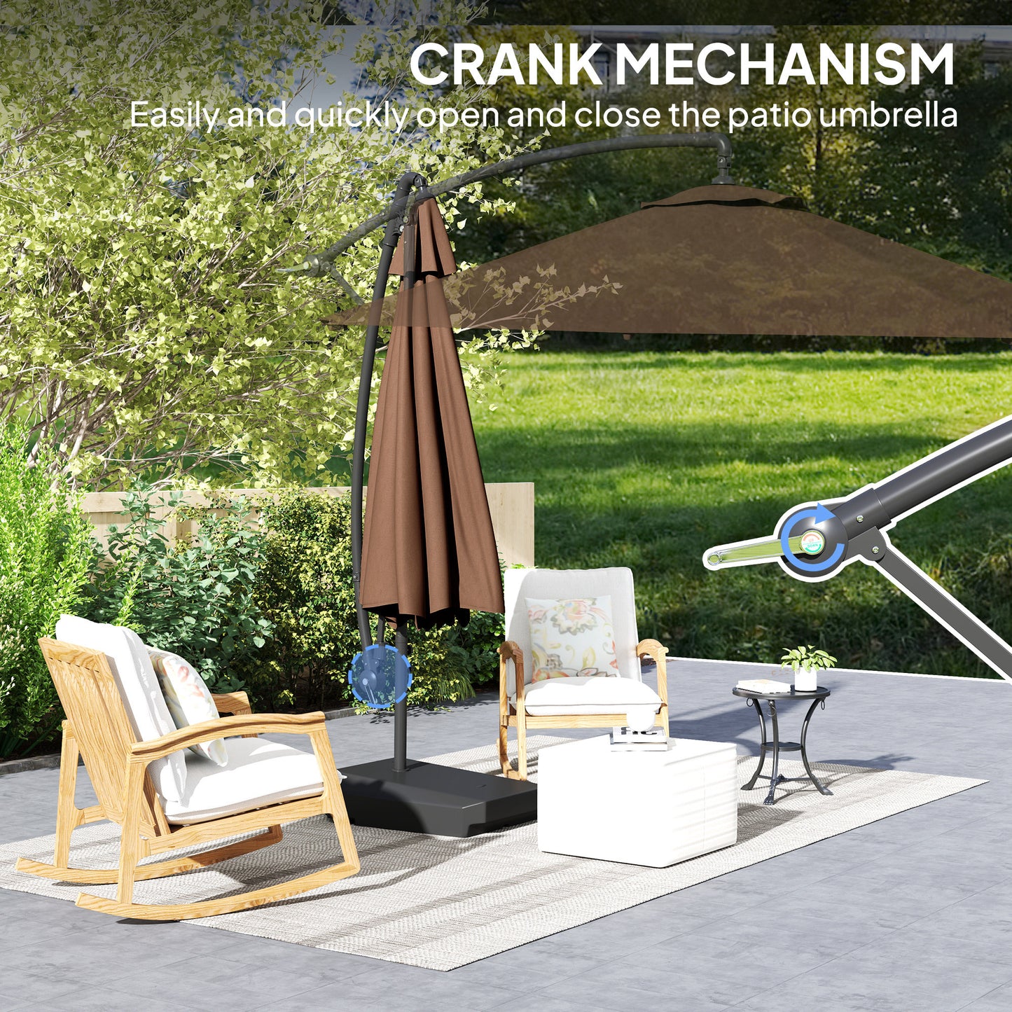 Outsunny 3m Cantilever Garden Parasol With Fillable Base Up To 90kg Wind Straps Tilt Crank UPF50Plus Brown Cover