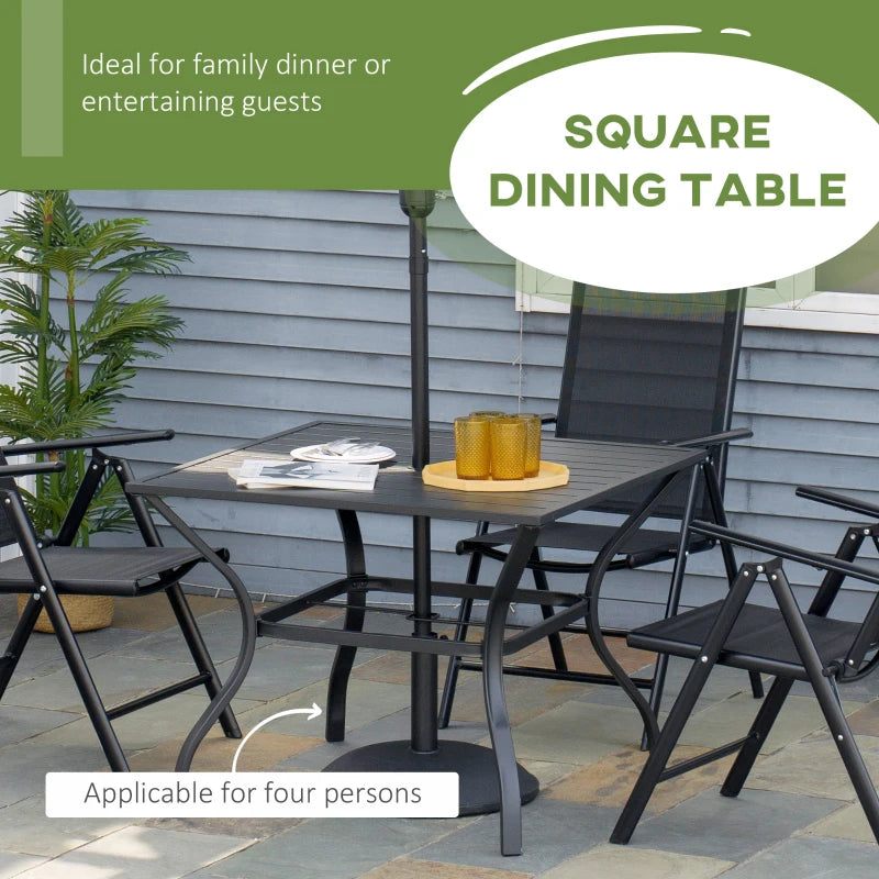 Outsunny 94 x 94 cm Garden Table with Parasol Hole - Outdoor Dining Table for Four with Slatted Metal Plate Top, Black Finish - ALL4U RETAILER LTD