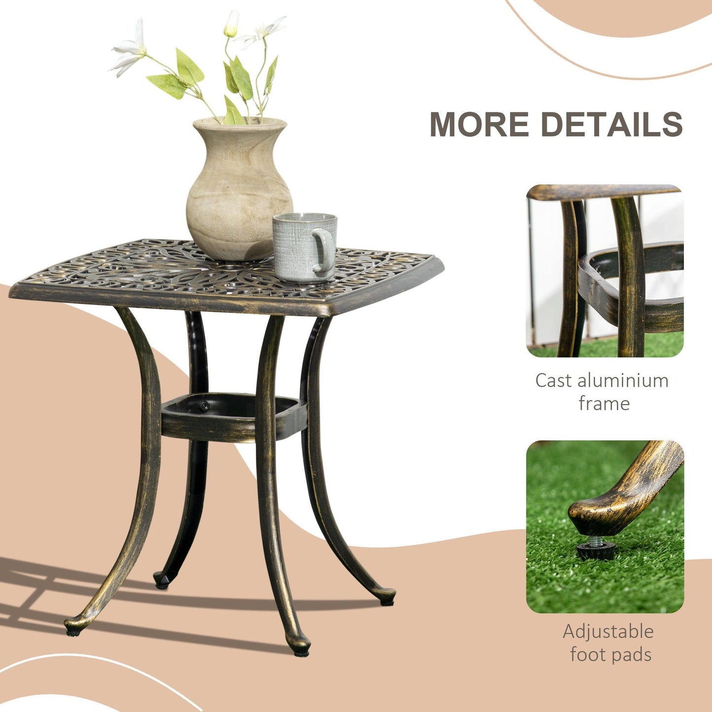 Outsunny Outdoor Patio Side Table with 38mm Dia. Umbrella Hole, Cast Aluminium Patio coffee Table, 54 x 54cm, Bronze - ALL4U RETAILER LTD