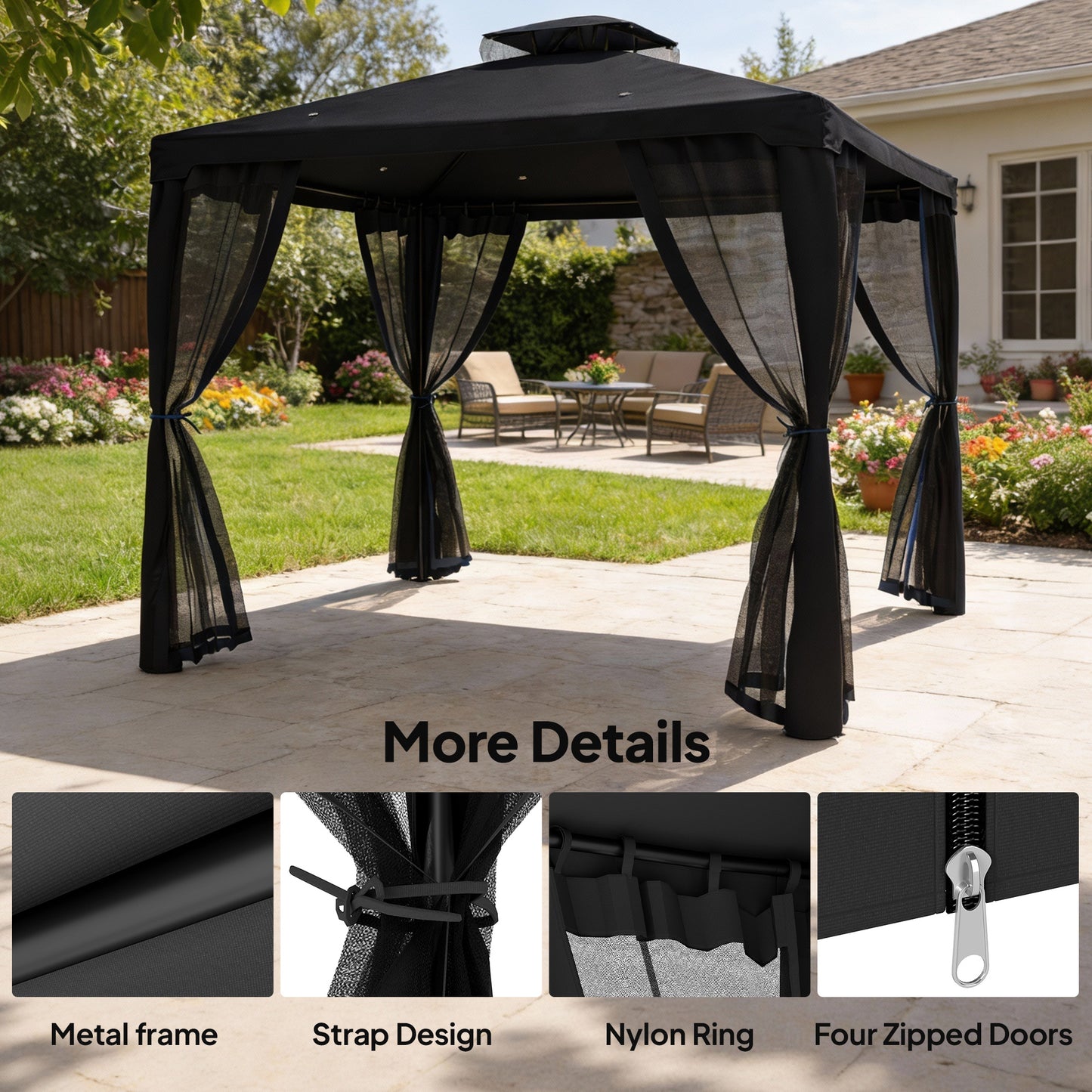 Outsunny 3x3m Metal Gazebo Garden Pavilion With Double Roof Outdoor Canopy Shelter And Mesh Sidewalls Black