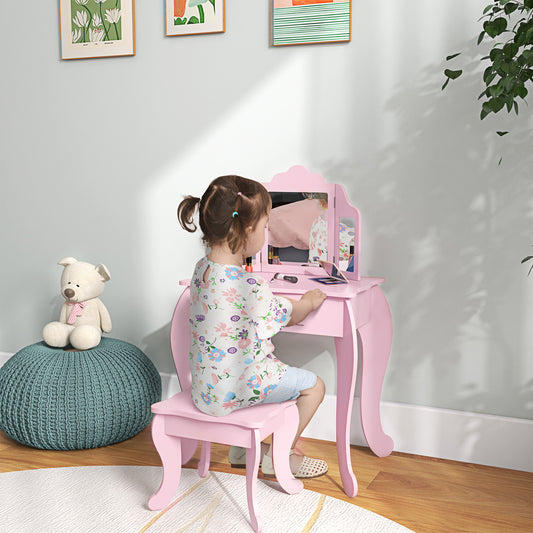 HOMCOM Kids Vanity Table And Chair Set With Tri Folding Mirror Pink Makeup Dressing Table With Drawer