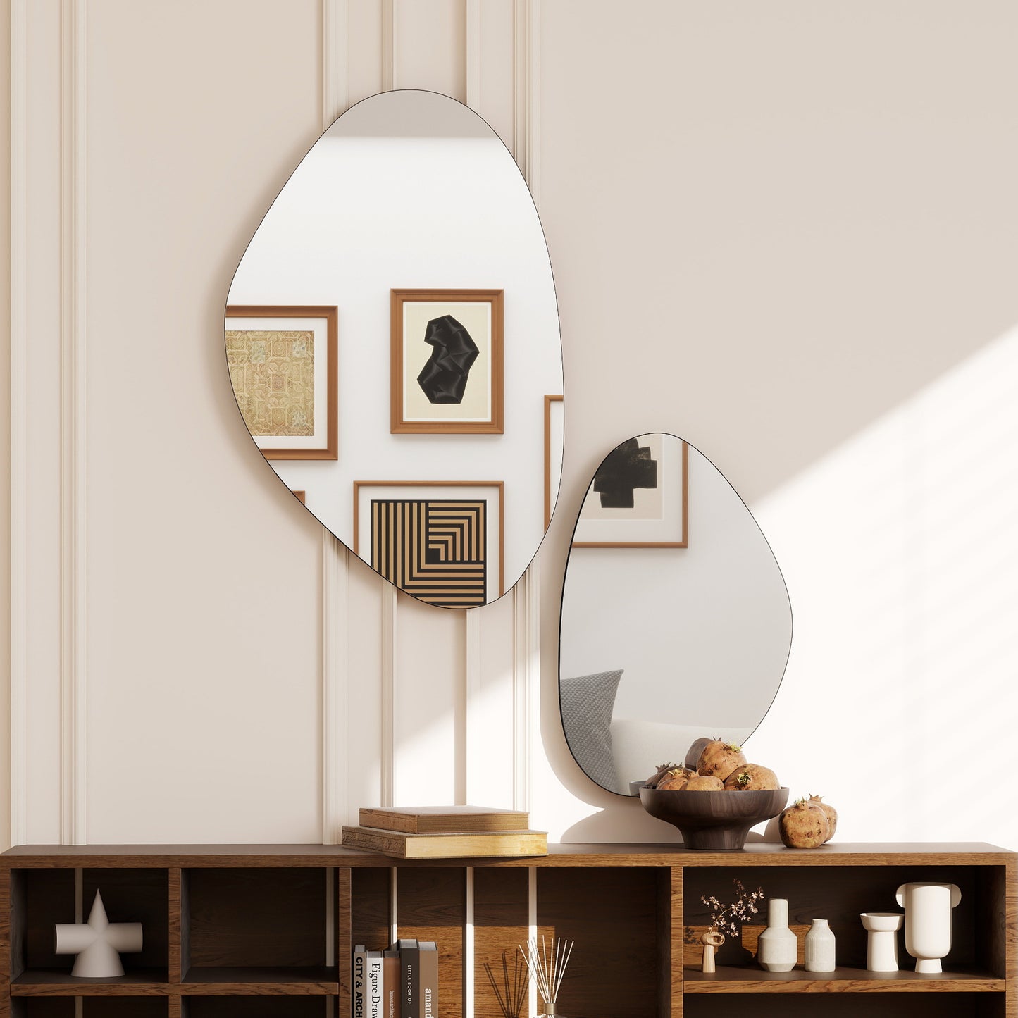HOMCOM Pebble Shaped Wall Mirror Set Of 2 In Black With Metal Frame And MDF Construction