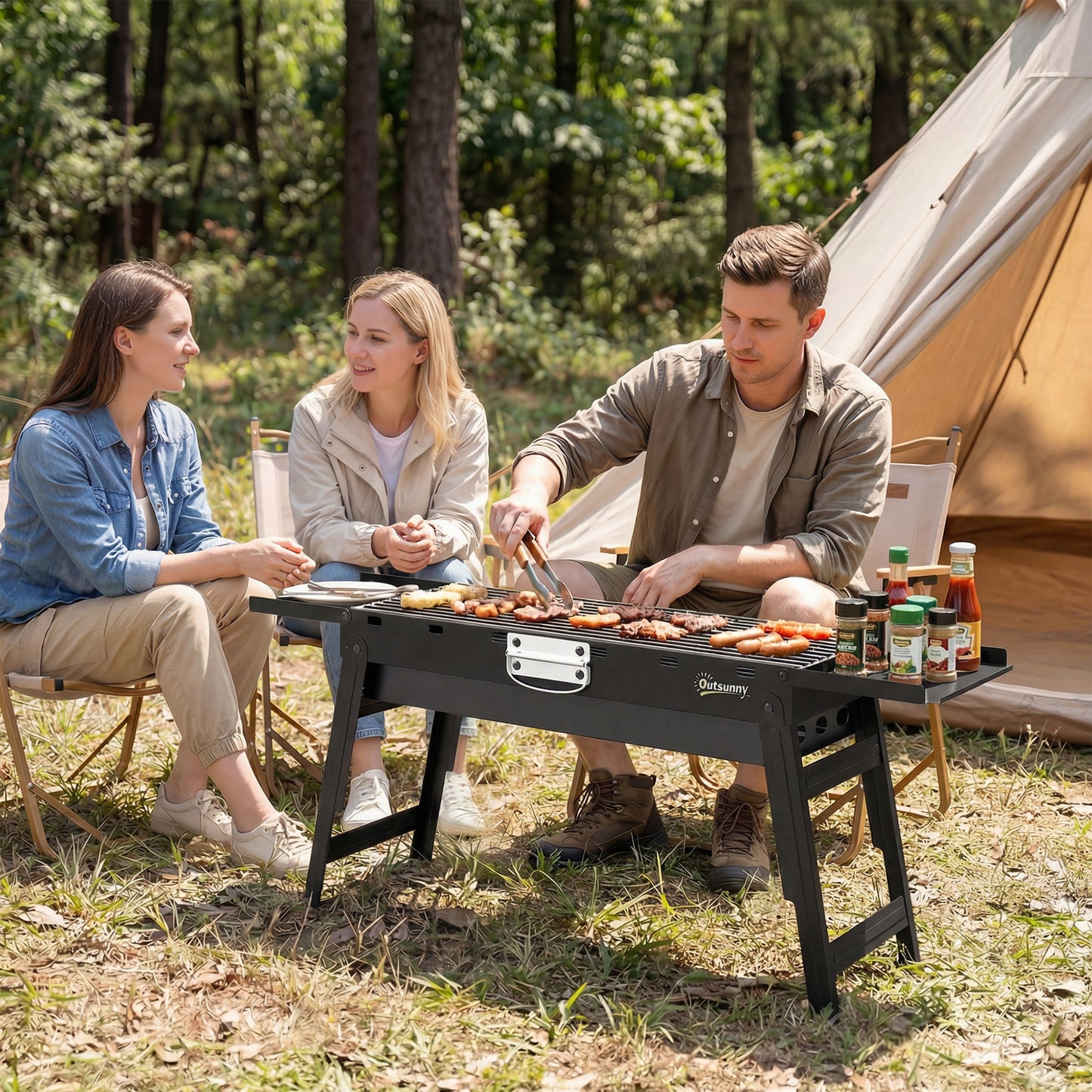 Outsunny Portable Charcoal BBQ Grill Foldable For Camping And Picnics With Two Side Shelves And Handle Black