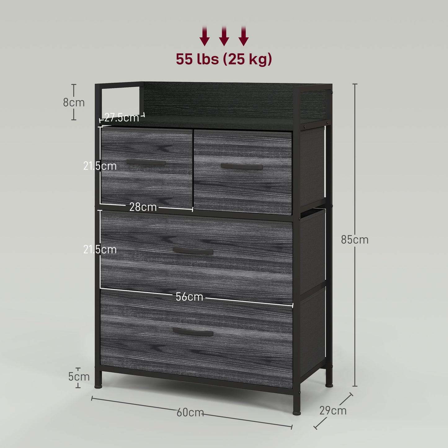 HOMCOM Rustic Chest of Four Fabric Drawers in Black for Bedroom Storage and Organizing Clothes