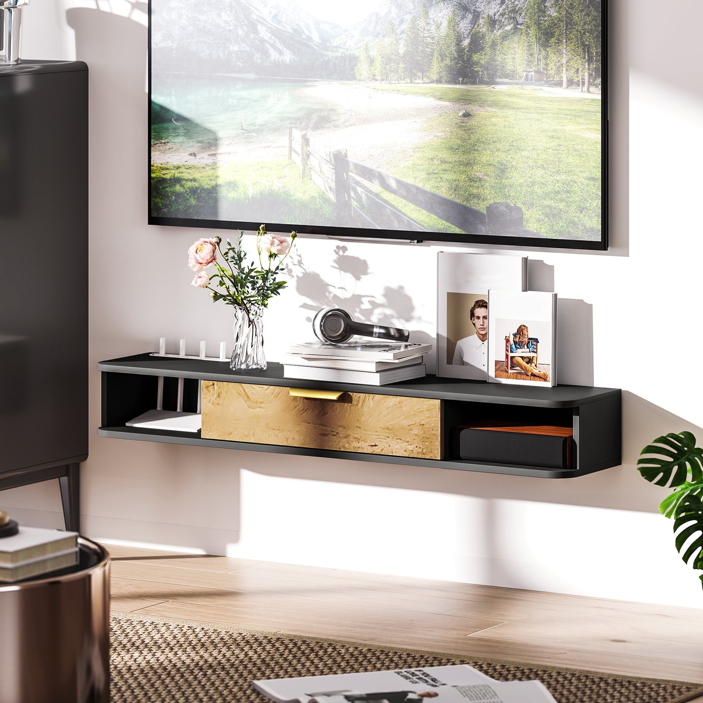HOMCOM 120 Cm Floating TV Stand With Storage Charcoal Grey Wall Mounted Cable Management Console For Modern Living Rooms