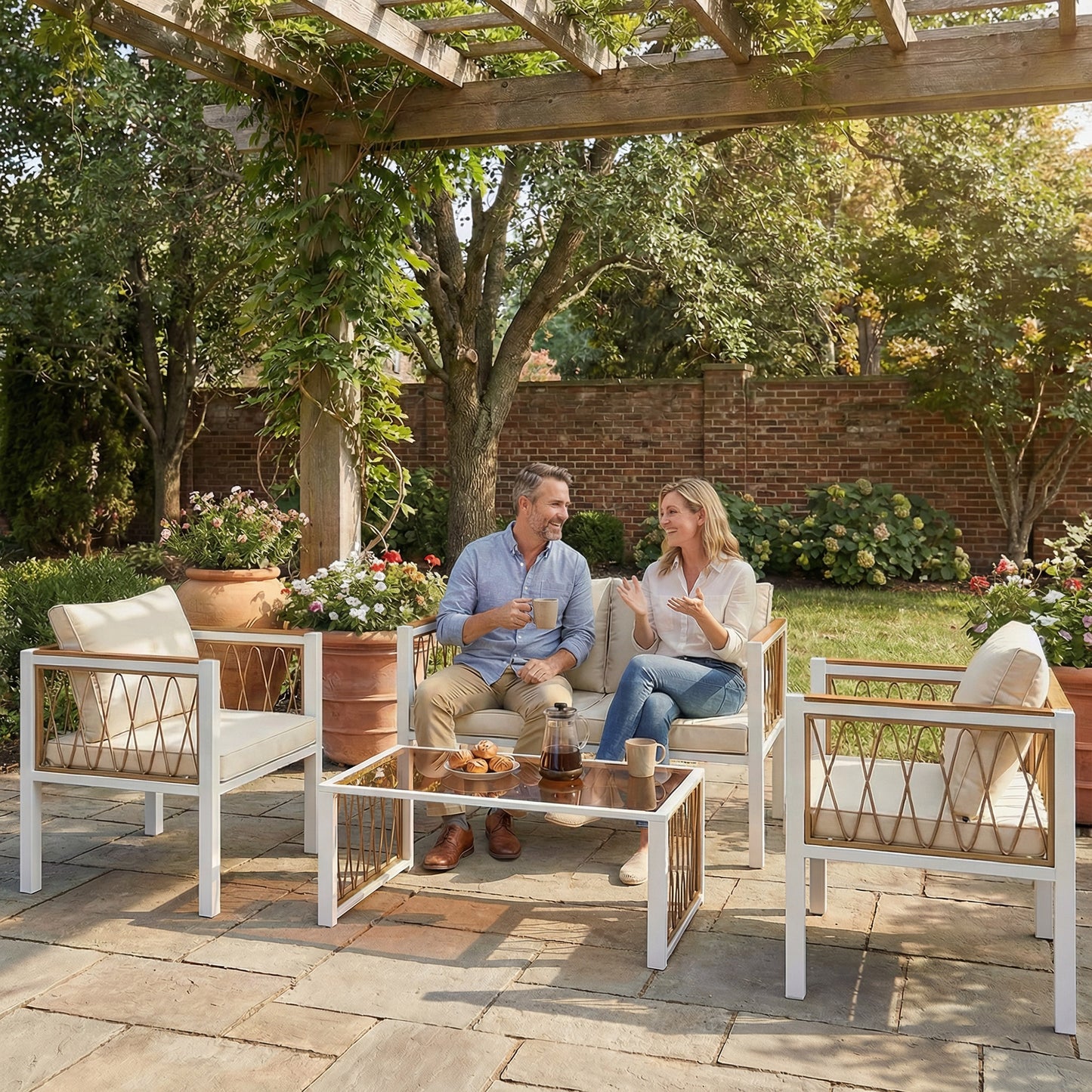 Outsunny 4 Piece Rattan Garden Furniture Set With Loveseat And 2 Armchairs Table Metal Frame Patio Cream White