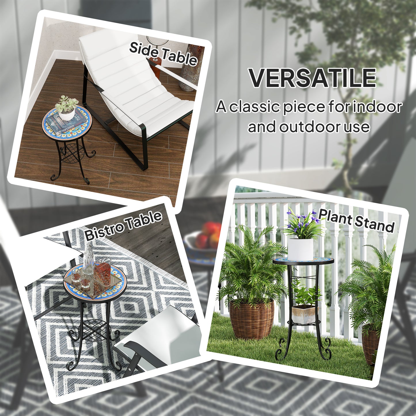 Outsunny Mosaic Round Garden Table With Shelf Ceramic Tile Top Outdoor Patio Balcony End Table Blue